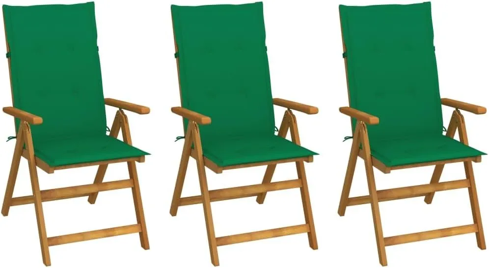 3-Piece Folding Patio Chairs with Green Cushions Solid Acacia Wood Outdoor Furniture Set for Garden Terrace and Poolside