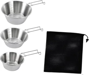 3 Pieces Camping Bowls Set Cups 304 Stainless Steel Sturdy Camping Tableware for Kitchen Travel BBQ Hiking- Folding Handle