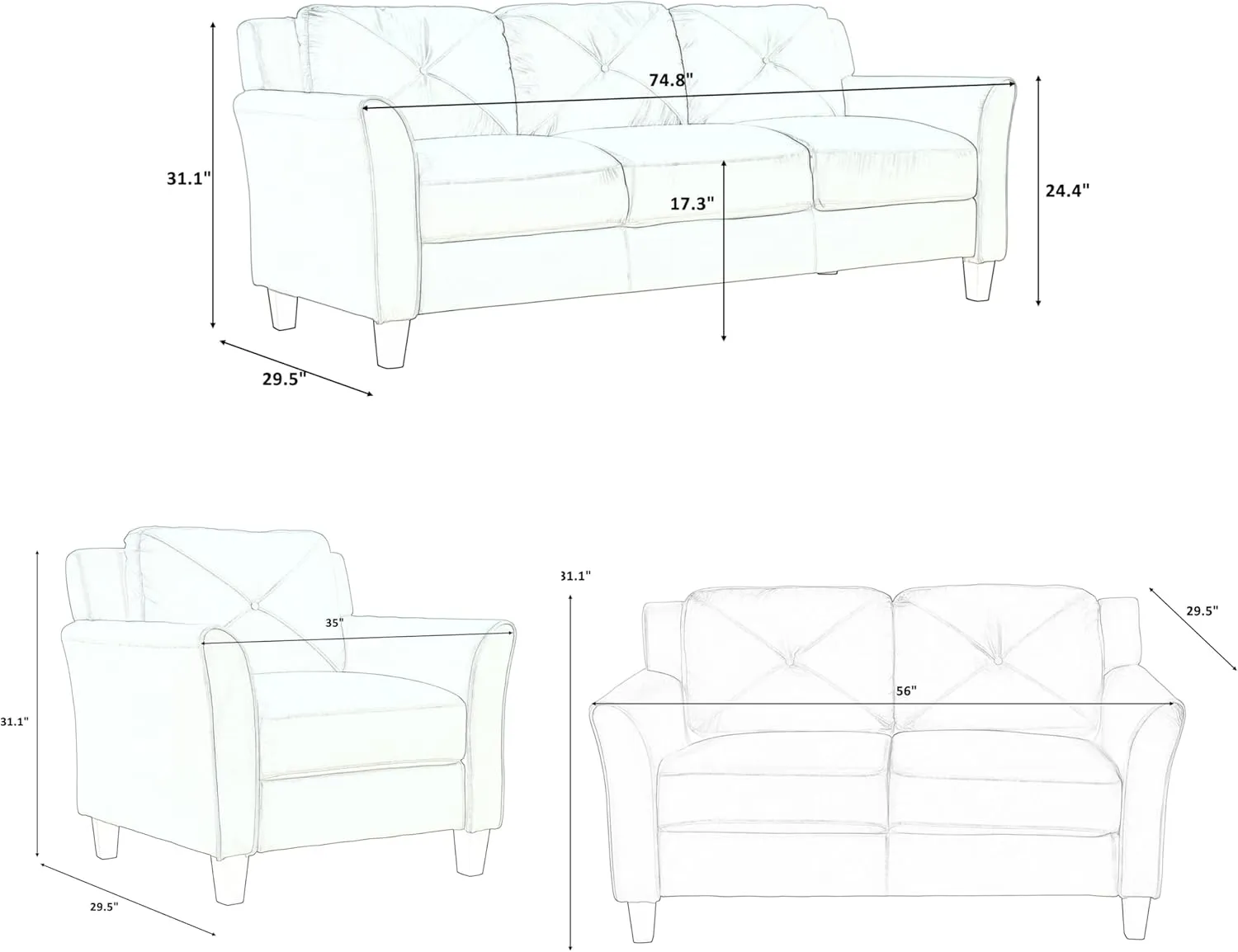 3 Pieses Modern Sofa Sets Button Tufted Backrest Sofa&Couch Include 3 Seaters Couch, Loveseat and Armchair with Ergonomically Curved Armrests for Home Apartment Office Living Room Furniture Sets