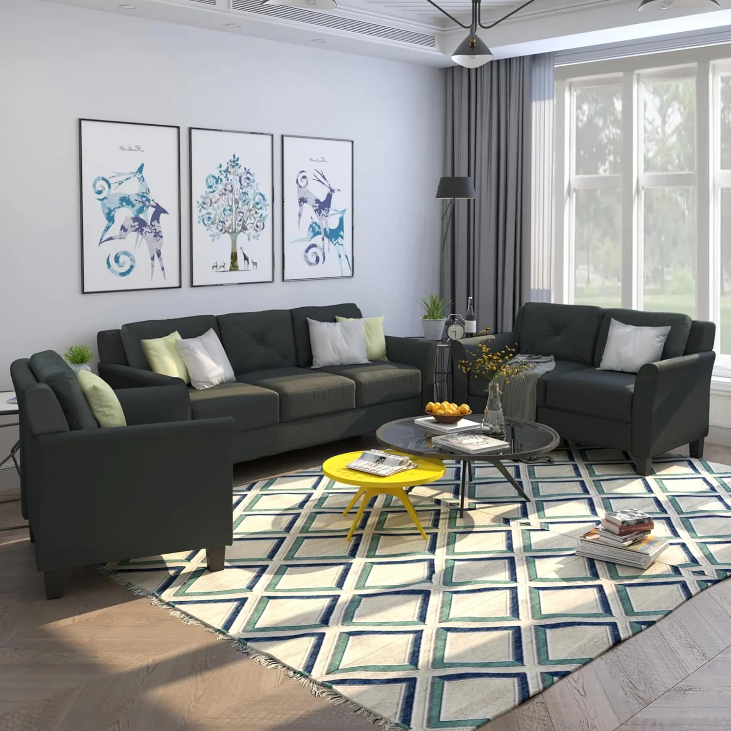 3 Pieses Modern Sofa Sets Button Tufted Backrest Sofa&Couch Include 3 Seaters Couch, Loveseat and Armchair with Ergonomically Curved Armrests for Home Apartment Office Living Room Furniture Sets