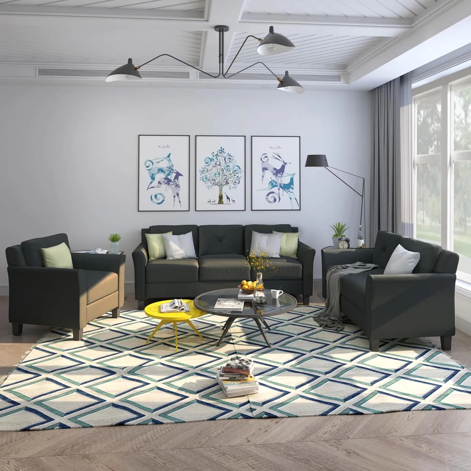 3 Pieses Modern Sofa Sets Button Tufted Backrest Sofa&Couch Include 3 Seaters Couch, Loveseat and Armchair with Ergonomically Curved Armrests for Home Apartment Office Living Room Furniture Sets