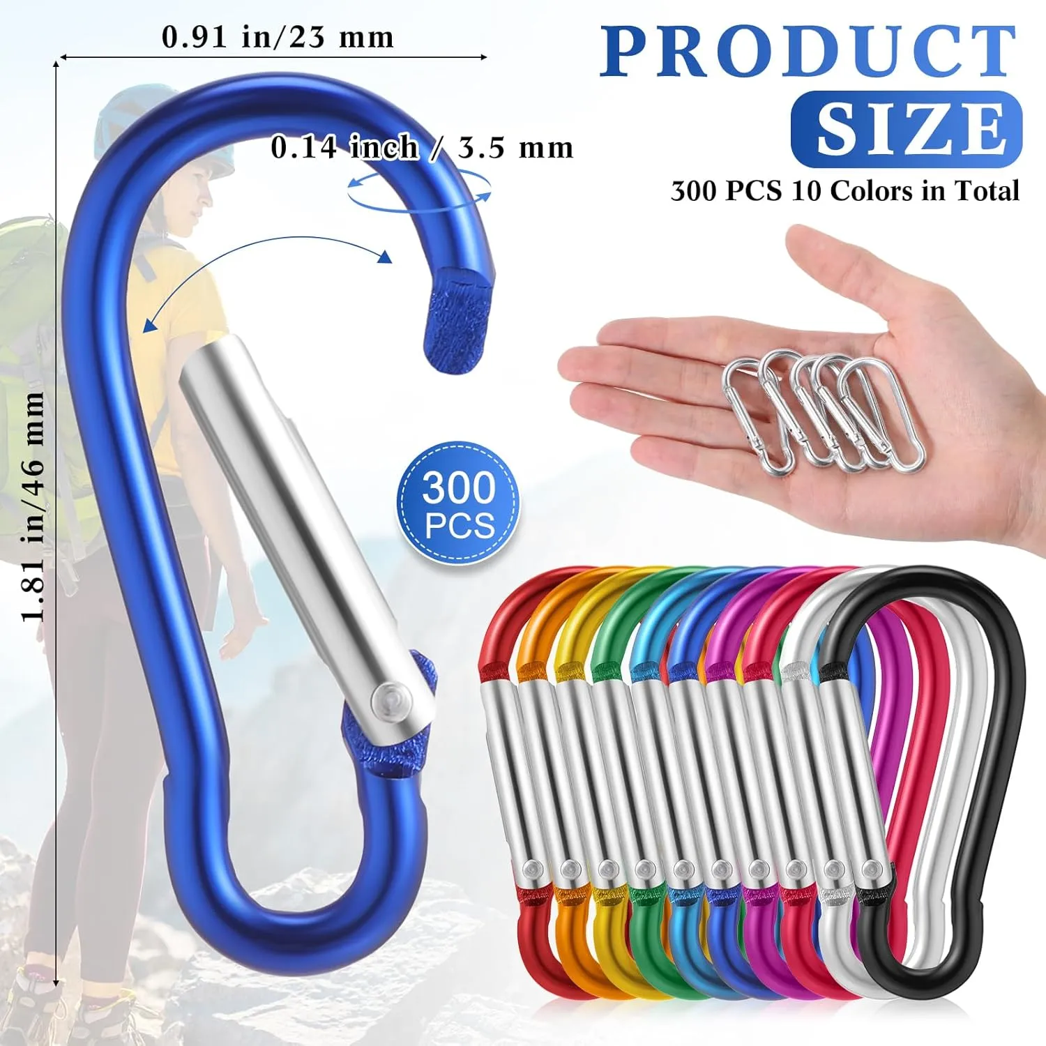 300 Pcs 2" Carabiner Bulk Spring Snap Hooks Bulk Aluminum Alloy Clip Keychain for Hanging Camping Hiking Traveling Fishing Outdoor Activities