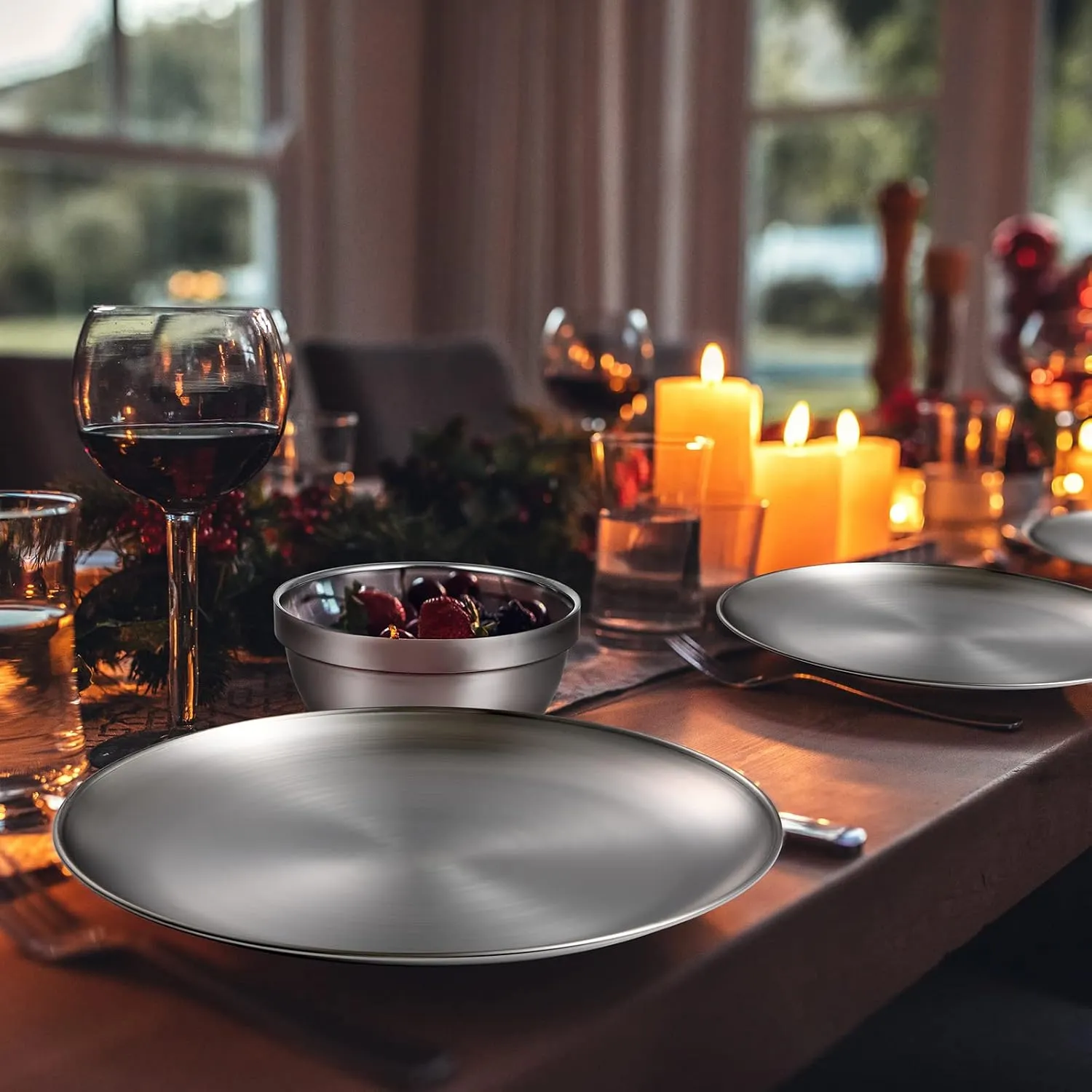 304 Stainless Steel Plates and Bowls Metal Camping Plates Reusable 13 oz Steel Snack Bowls Dinner Dishes Double Walled Insulated Metal Dinnerware(10 Sets,8 x 8 Inch)