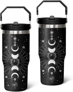 30oz Sun and Moon Tumbler with Handle, Featuring a Leak-proof 2-in-1 Lid and Straw, a Vacuum-insulated Travel Coffee Mug, Portable Stainless Steel Water Bottle, Suitable for Both Women and Men