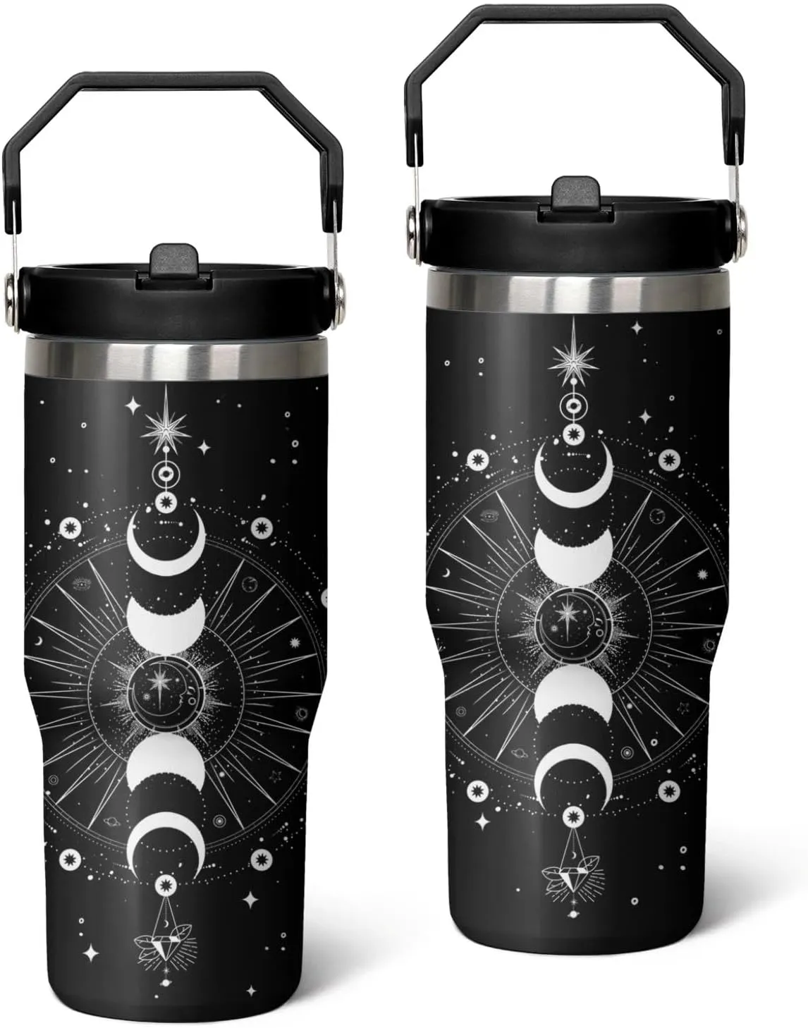 30oz Sun and Moon Tumbler with Handle, Featuring a Leak-proof 2-in-1 Lid and Straw, a Vacuum-insulated Travel Coffee Mug, Portable Stainless Steel Water Bottle, Suitable for Both Women and Men