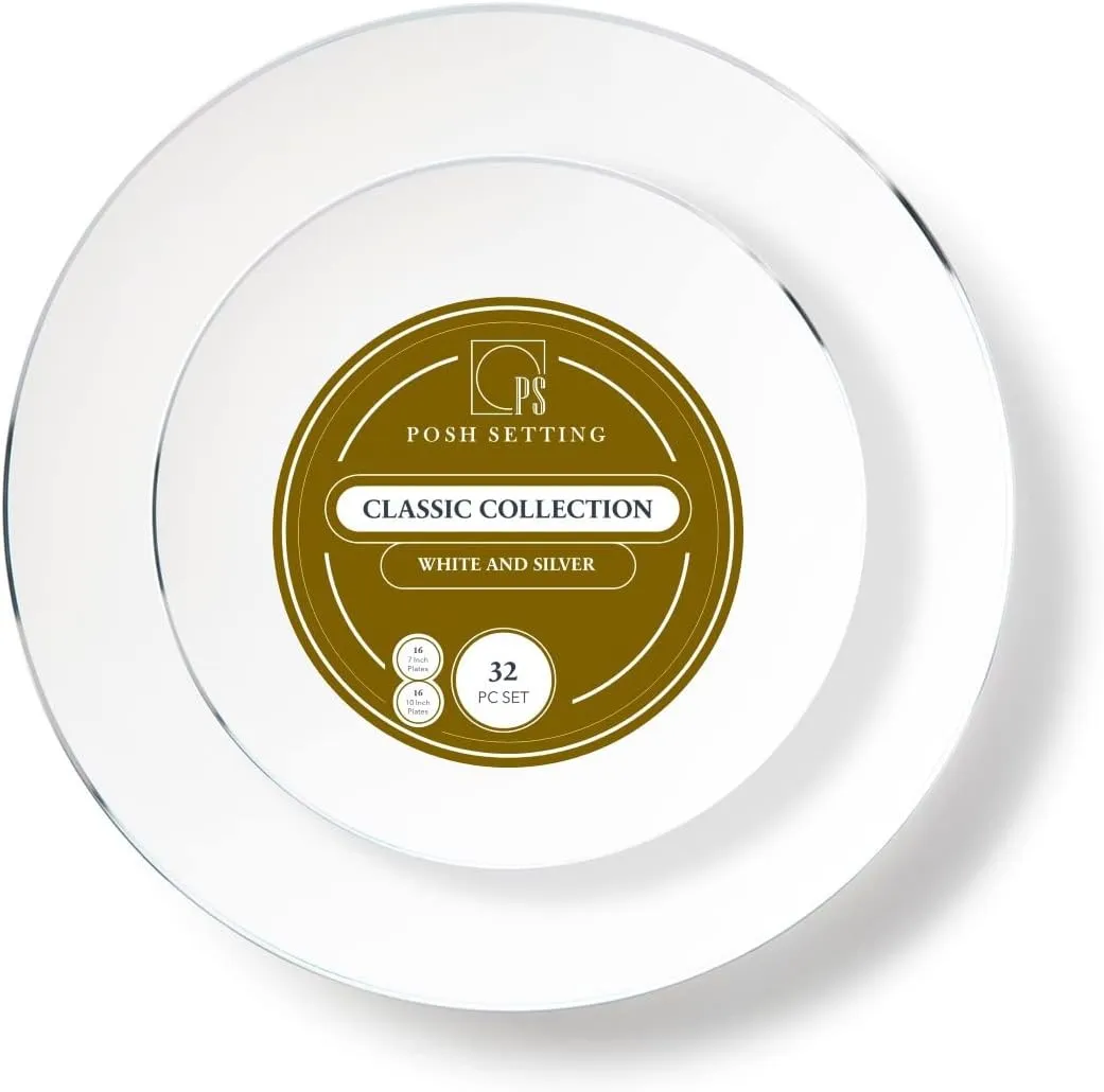 32 Piece Plastic Plates Set Elegant Disposable Dinnerware White and Silver Rim Party Plates Includes 16-10" inch Dinner & 16-7" inch Salad Plates Holiday Thanksgiving Tableware Posh Setting