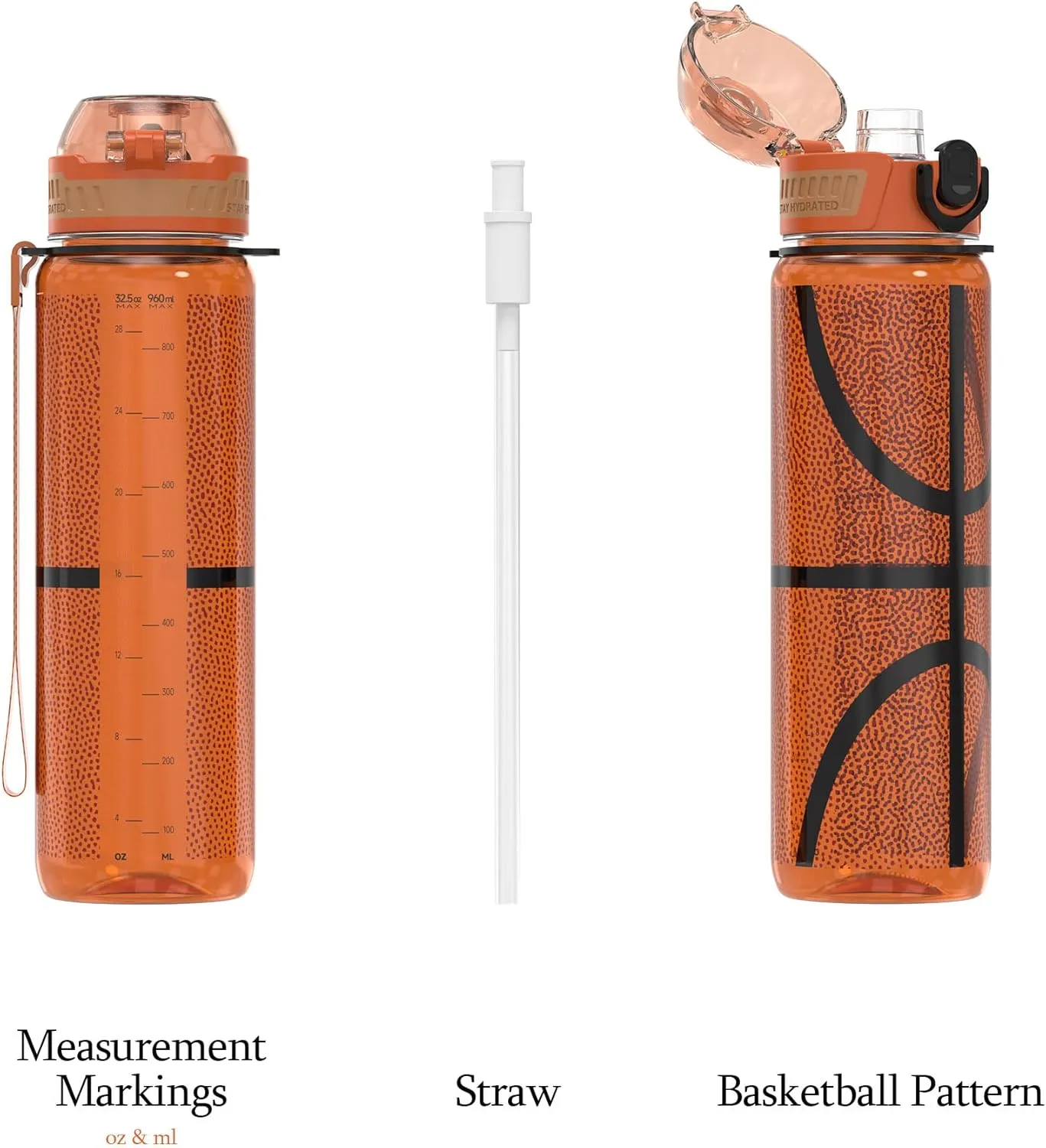 32oz/1L Water Bottle, Durable Tritan, Leak-Proof, Dishwasher-Safe, BPA-Free, Drop-Resistant, Chug Lid/Straw, Hand Loop, Carabiner for Hiking/Backpack/Sport (Basketball)