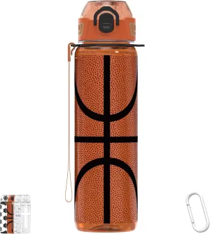 32oz/1L Water Bottle, Durable Tritan, Leak-Proof, Dishwasher-Safe, BPA-Free, Drop-Resistant, Chug Lid/Straw, Hand Loop, Carabiner for Hiking/Backpack/Sport (Basketball)