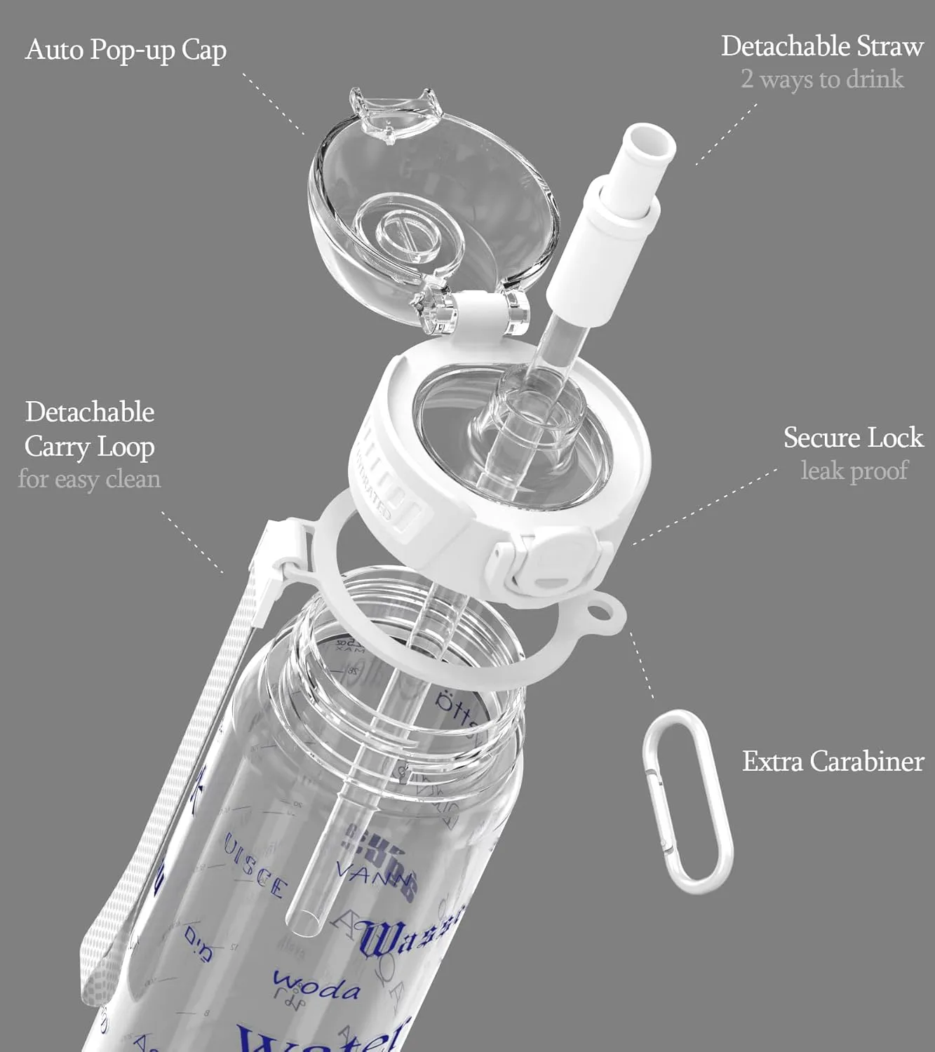 32oz/1L Water Bottle, Durable Tritan, Leak-Proof, Dishwasher-Safe, BPA-Free, Drop-Resistant, Chug Lid/Straw, Hand Loop, Carabiner for Hiking/Backpack/Sport (Word Water in Global Languages)