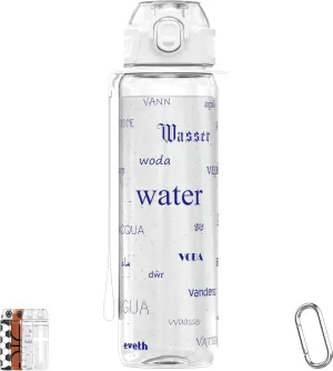 32oz/1L Water Bottle, Durable Tritan, Leak-Proof, Dishwasher-Safe, BPA-Free, Drop-Resistant, Chug Lid/Straw, Hand Loop, Carabiner for Hiking/Backpack/Sport (Word Water in Global Languages)