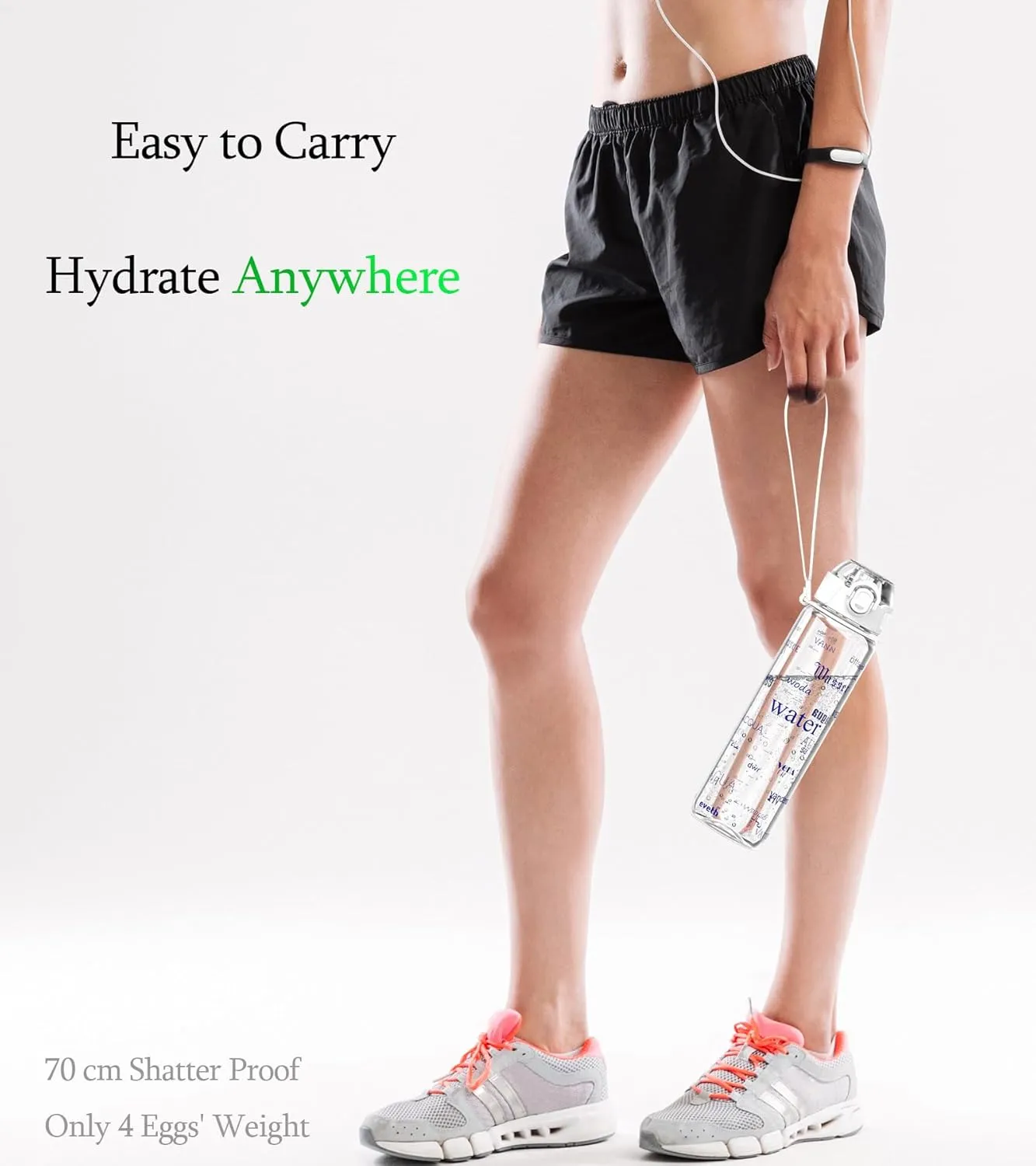 32oz/1L Water Bottle, Durable Tritan, Leak-Proof, Dishwasher-Safe, BPA-Free, Drop-Resistant, Chug Lid/Straw, Hand Loop, Carabiner for Hiking/Backpack/Sport (Word Water in Global Languages)