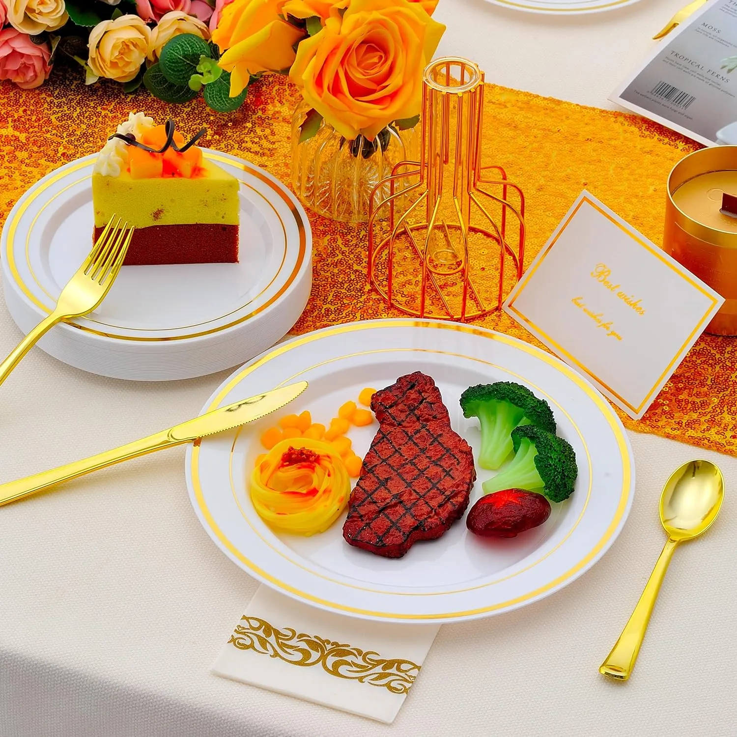 350 PCS Gold Plastic Dinnerware for 50 Guests, Gold and White Plastic Disposable Plates, 50 Dinner Plates, 50 Dessert Plates, 50 Silverware Set, 50 Cups, 50 Napkins for Party