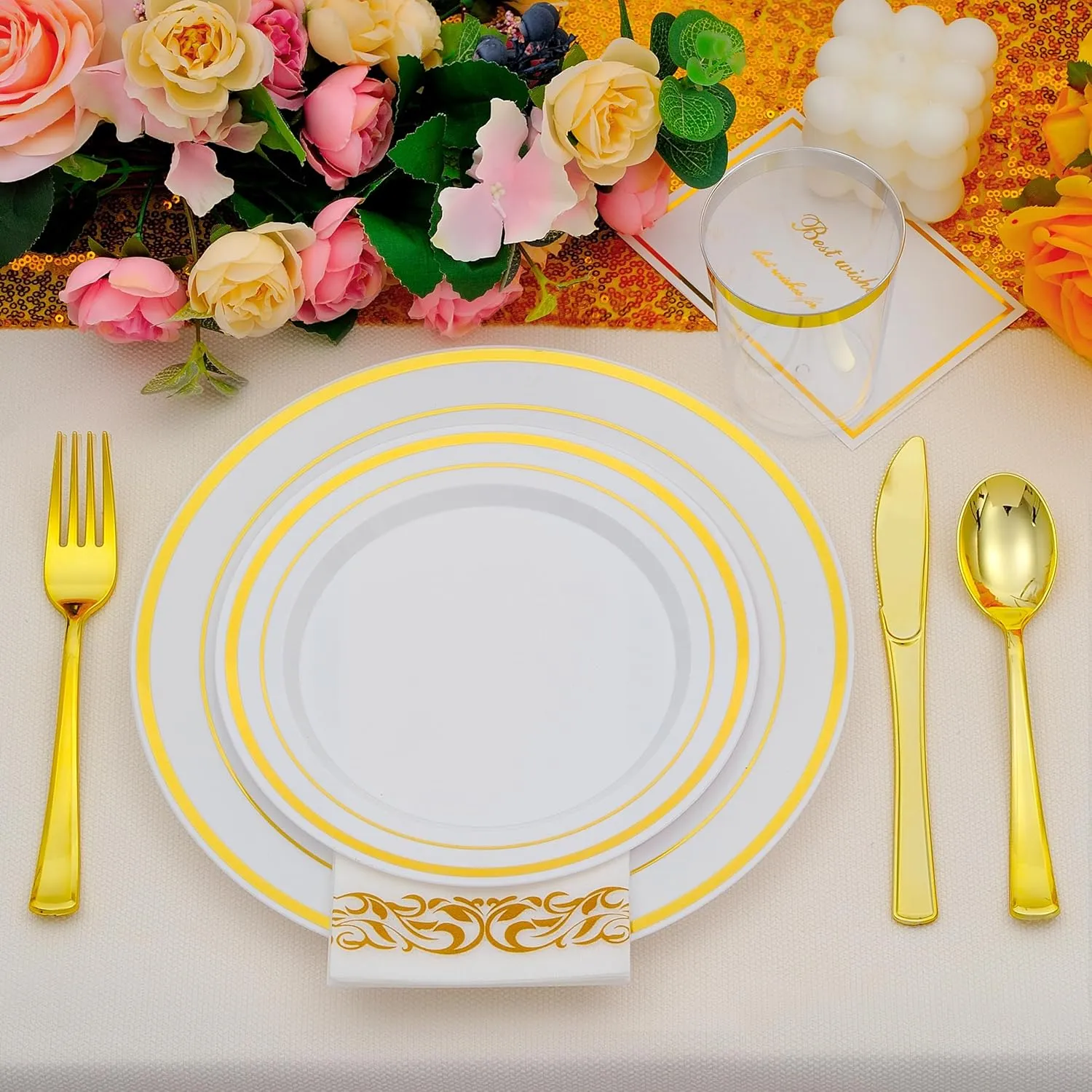 350 PCS Gold Plastic Dinnerware for 50 Guests, Gold and White Plastic Disposable Plates, 50 Dinner Plates, 50 Dessert Plates, 50 Silverware Set, 50 Cups, 50 Napkins for Party