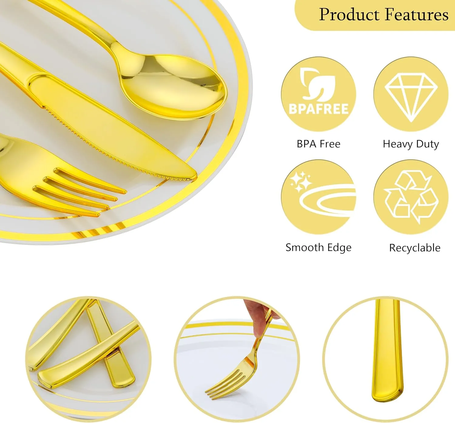 350 PCS Gold Plastic Dinnerware for 50 Guests, Gold and White Plastic Disposable Plates, 50 Dinner Plates, 50 Dessert Plates, 50 Silverware Set, 50 Cups, 50 Napkins for Party