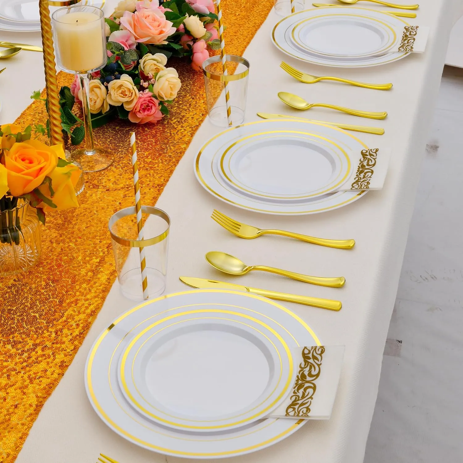 350 PCS Gold Plastic Dinnerware for 50 Guests, Gold and White Plastic Disposable Plates, 50 Dinner Plates, 50 Dessert Plates, 50 Silverware Set, 50 Cups, 50 Napkins for Party