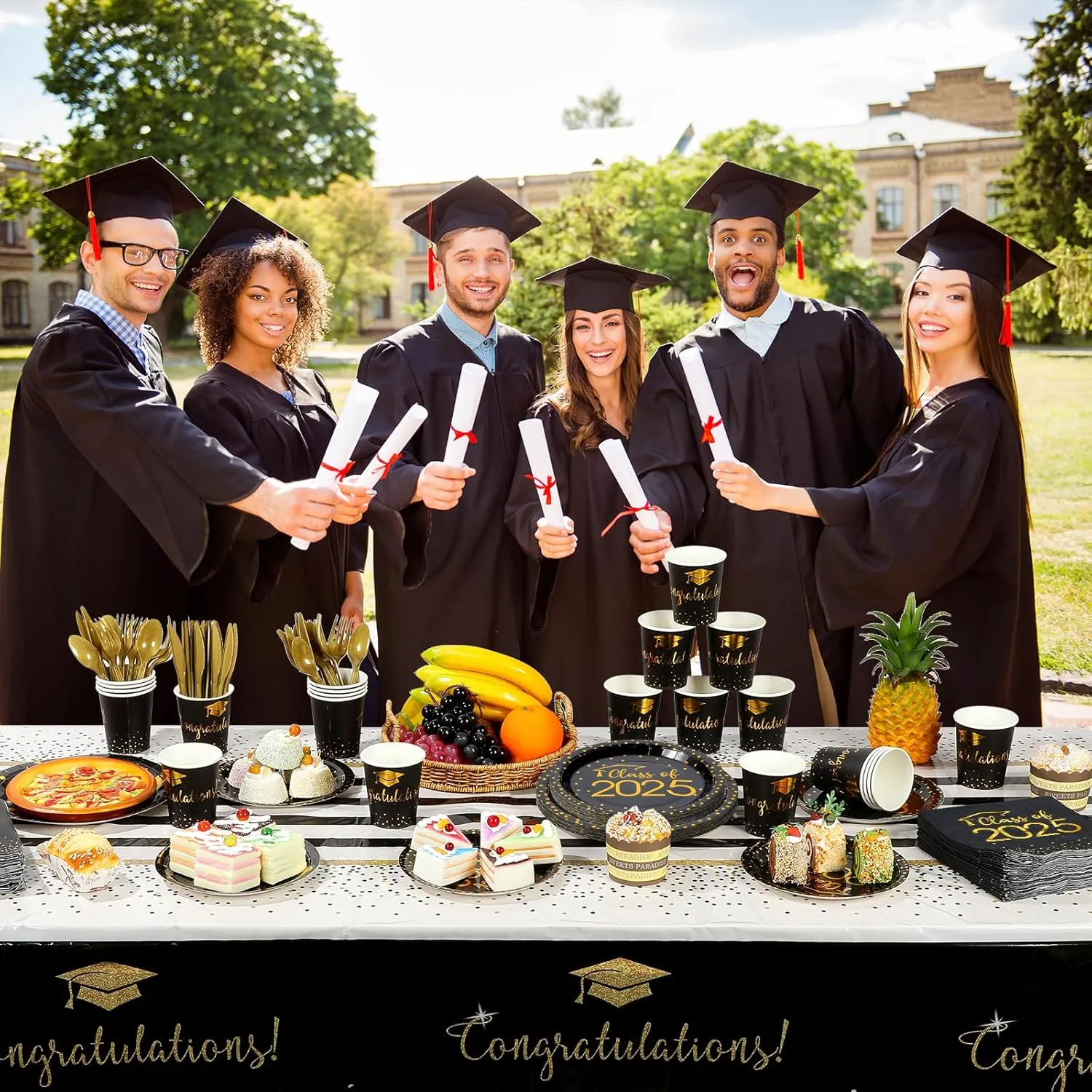 350pcs Class of 2025 Graduation Plates and Napkins Set, Disposable Paper Plate Set Polka Dots Napkins Cups Knife Fork Spoon for Graduation Party Decorations and Supplies,Serve 50 (Black Gold)