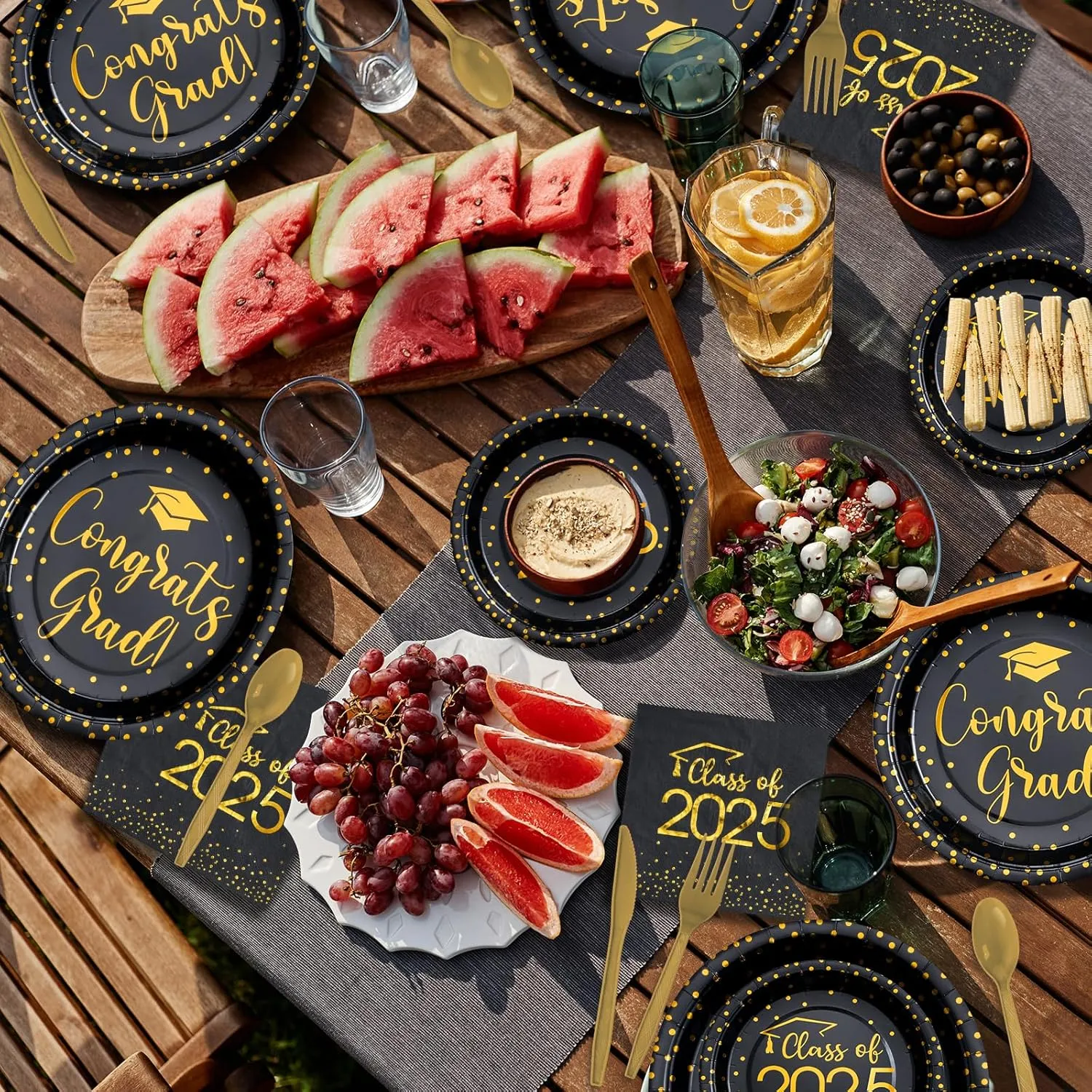 350pcs Class of 2025 Graduation Plates and Napkins Set, Disposable Paper Plate Set Polka Dots Napkins Cups Knife Fork Spoon for Graduation Party Decorations and Supplies,Serve 50 (Black Gold)