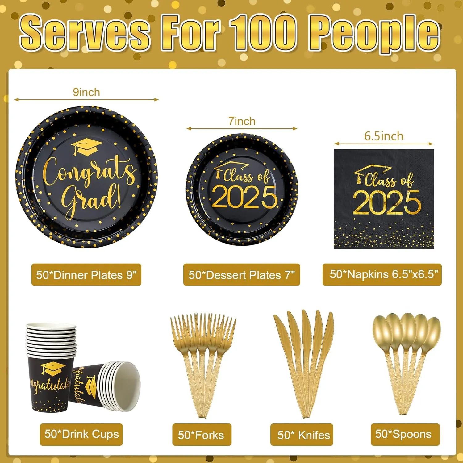 350pcs Class of 2025 Graduation Plates and Napkins Set, Disposable Paper Plate Set Polka Dots Napkins Cups Knife Fork Spoon for Graduation Party Decorations and Supplies,Serve 50 (Black Gold)