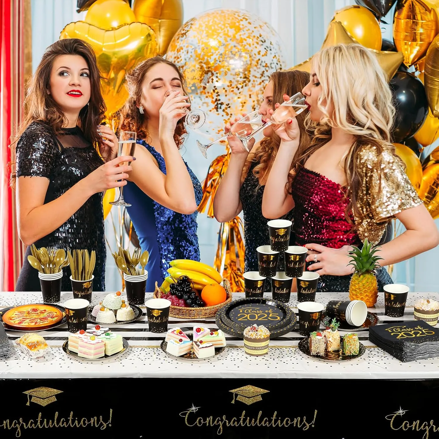 350pcs Class of 2025 Graduation Plates and Napkins Set, Disposable Paper Plate Set Polka Dots Napkins Cups Knife Fork Spoon for Graduation Party Decorations and Supplies,Serve 50 (Black Gold)