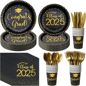 350pcs Class of 2025 Graduation Plates and Napkins Set, Disposable Paper Plate Set Polka Dots Napkins Cups Knife Fork Spoon for Graduation Party Decorations and Supplies,Serve 50 (Black Gold)