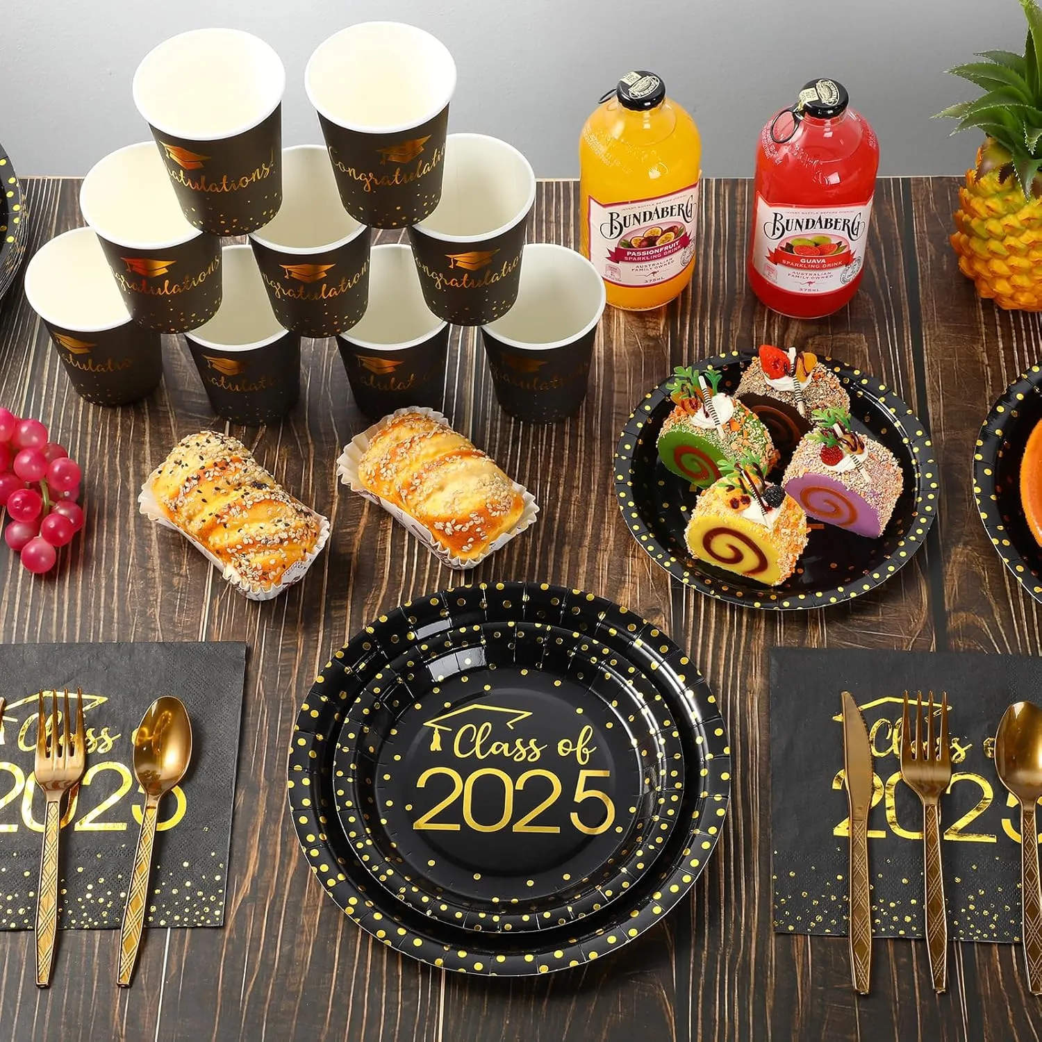 350pcs Class of 2025 Graduation Plates and Napkins Set, Disposable Paper Plate Set Polka Dots Napkins Cups Knife Fork Spoon for Graduation Party Decorations and Supplies,Serve 50 (Black Gold)