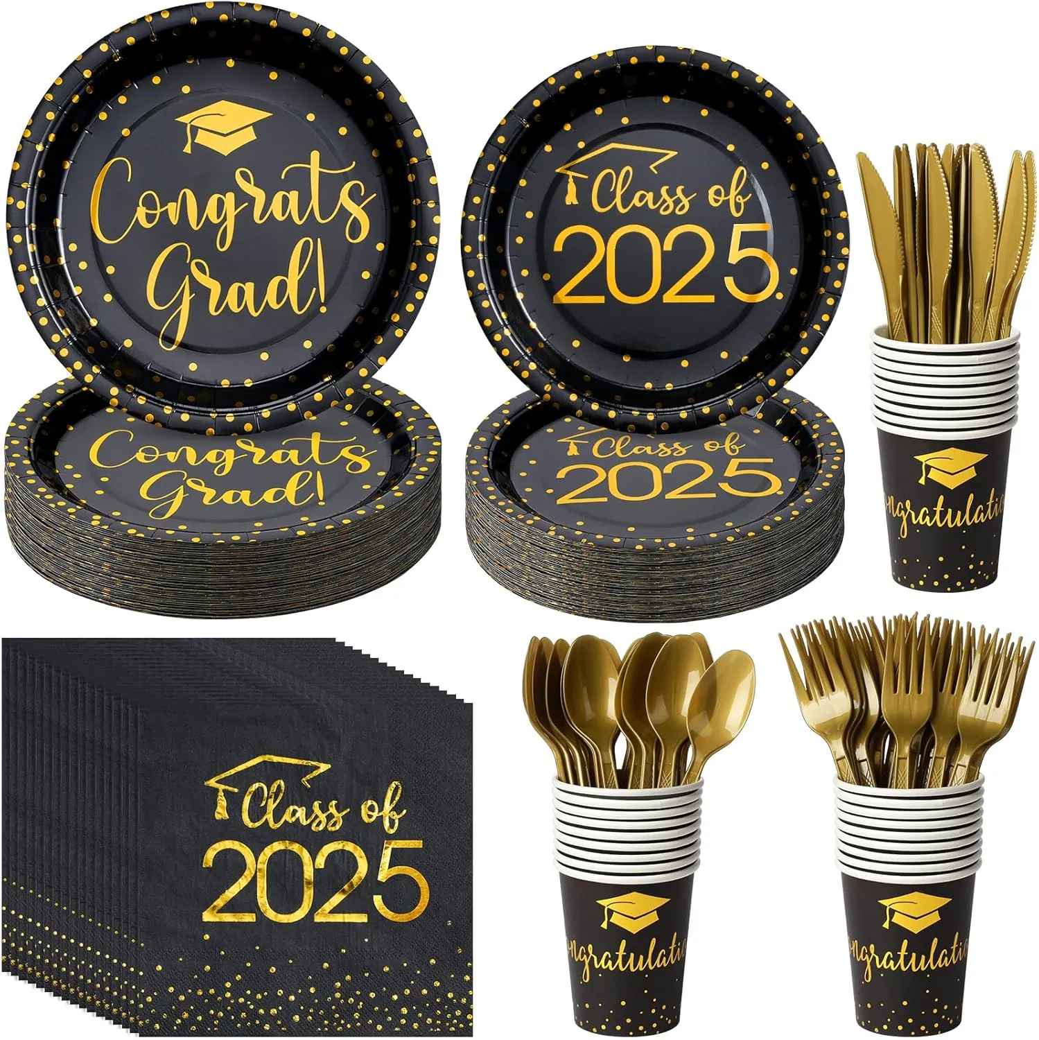 350pcs Class of 2025 Graduation Plates and Napkins Set, Disposable Paper Plate Set Polka Dots Napkins Cups Knife Fork Spoon for Graduation Party Decorations and Supplies,Serve 50 (Black Gold)