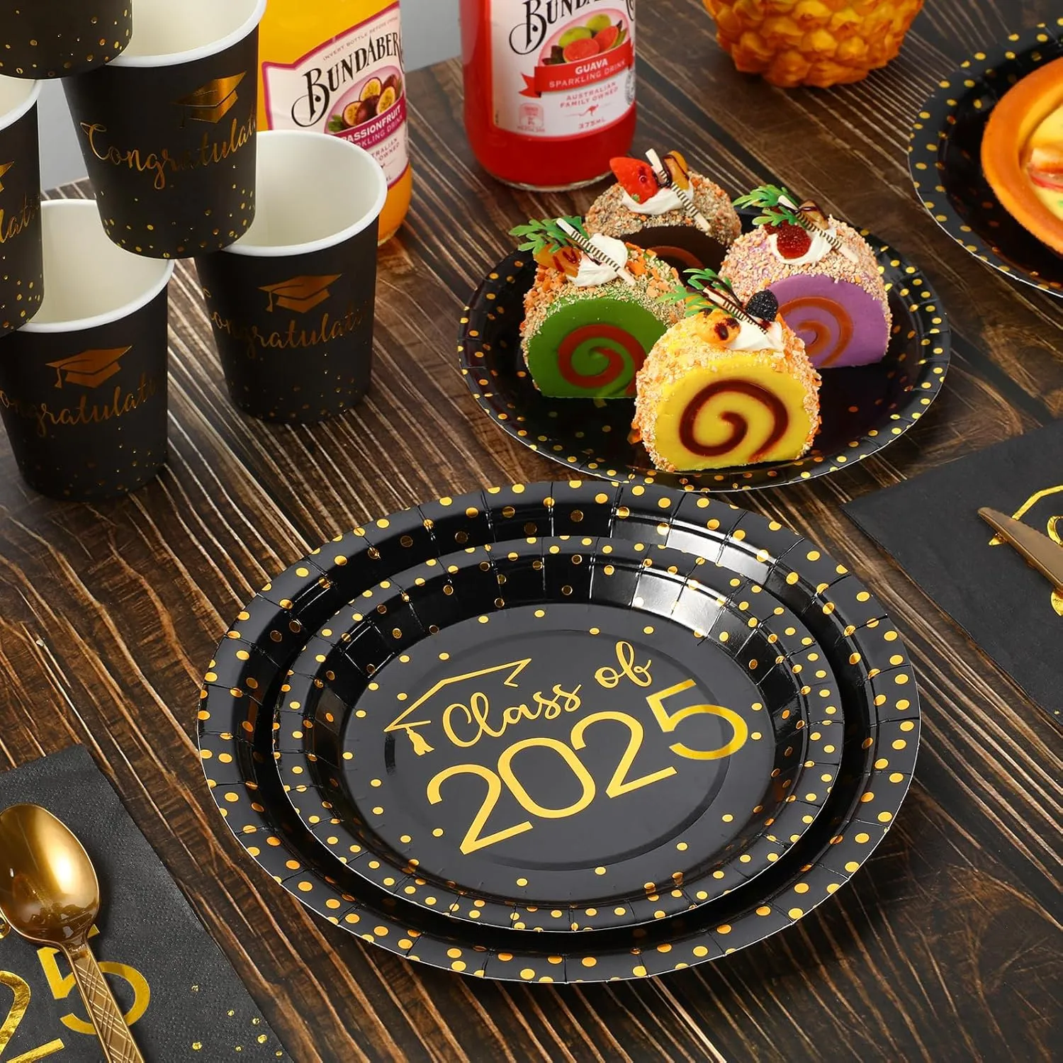 350pcs Class of 2025 Graduation Plates and Napkins Set, Disposable Paper Plate Set Polka Dots Napkins Cups Knife Fork Spoon for Graduation Party Decorations and Supplies,Serve 50 (Black Gold)