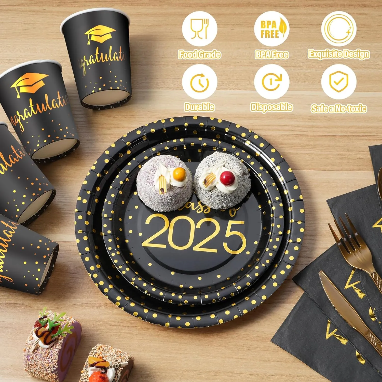 350pcs Class of 2025 Graduation Plates and Napkins Set, Disposable Paper Plate Set Polka Dots Napkins Cups Knife Fork Spoon for Graduation Party Decorations and Supplies,Serve 50 (Black Gold)