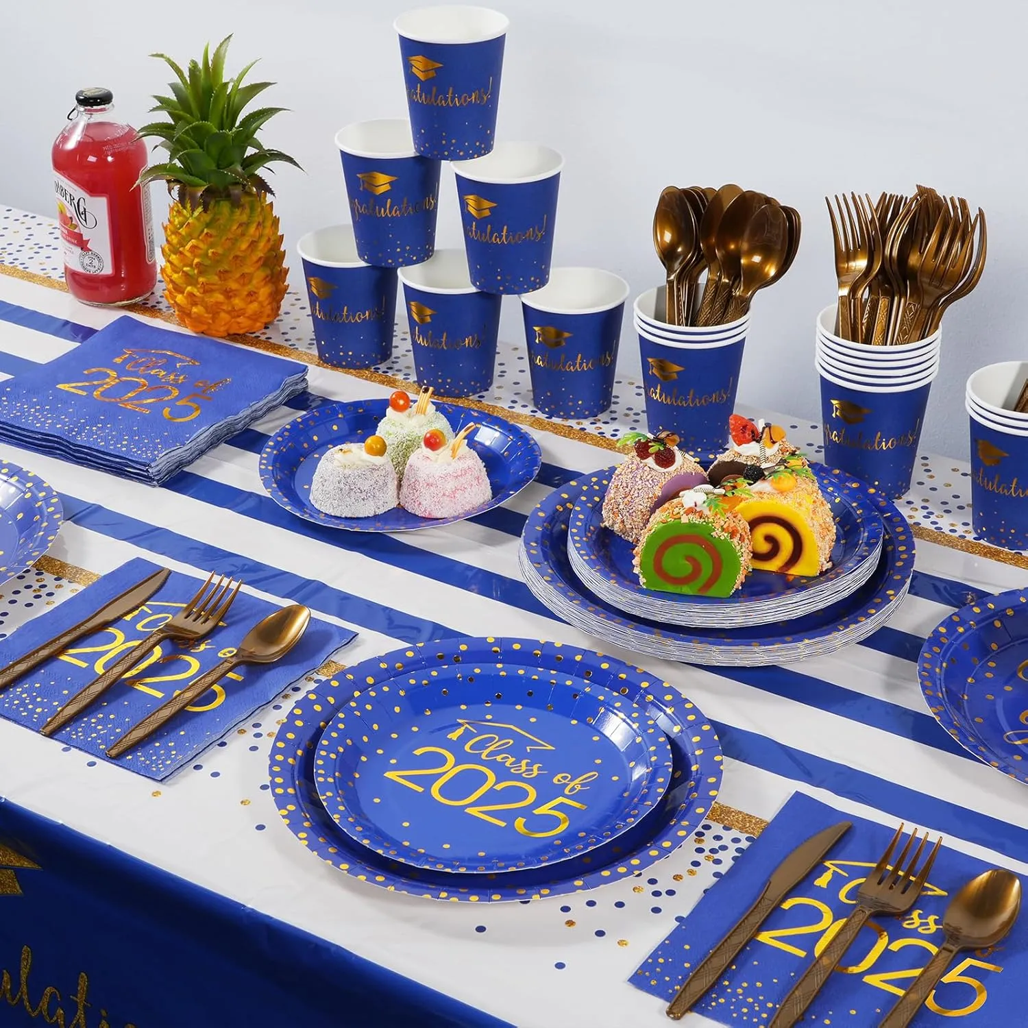 350pcs Class of 2025 Graduation Plates and Napkins Set, Disposable Paper Plate Set Polka Dots Napkins Cups Knife Fork Spoon for Graduation Party Decorations and Supplies,Serve 50 (Blue Gold)