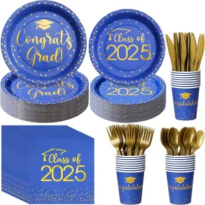 350pcs Class of 2025 Graduation Plates and Napkins Set, Disposable Paper Plate Set Polka Dots Napkins Cups Knife Fork Spoon for Graduation Party Decorations and Supplies,Serve 50 (Blue Gold)