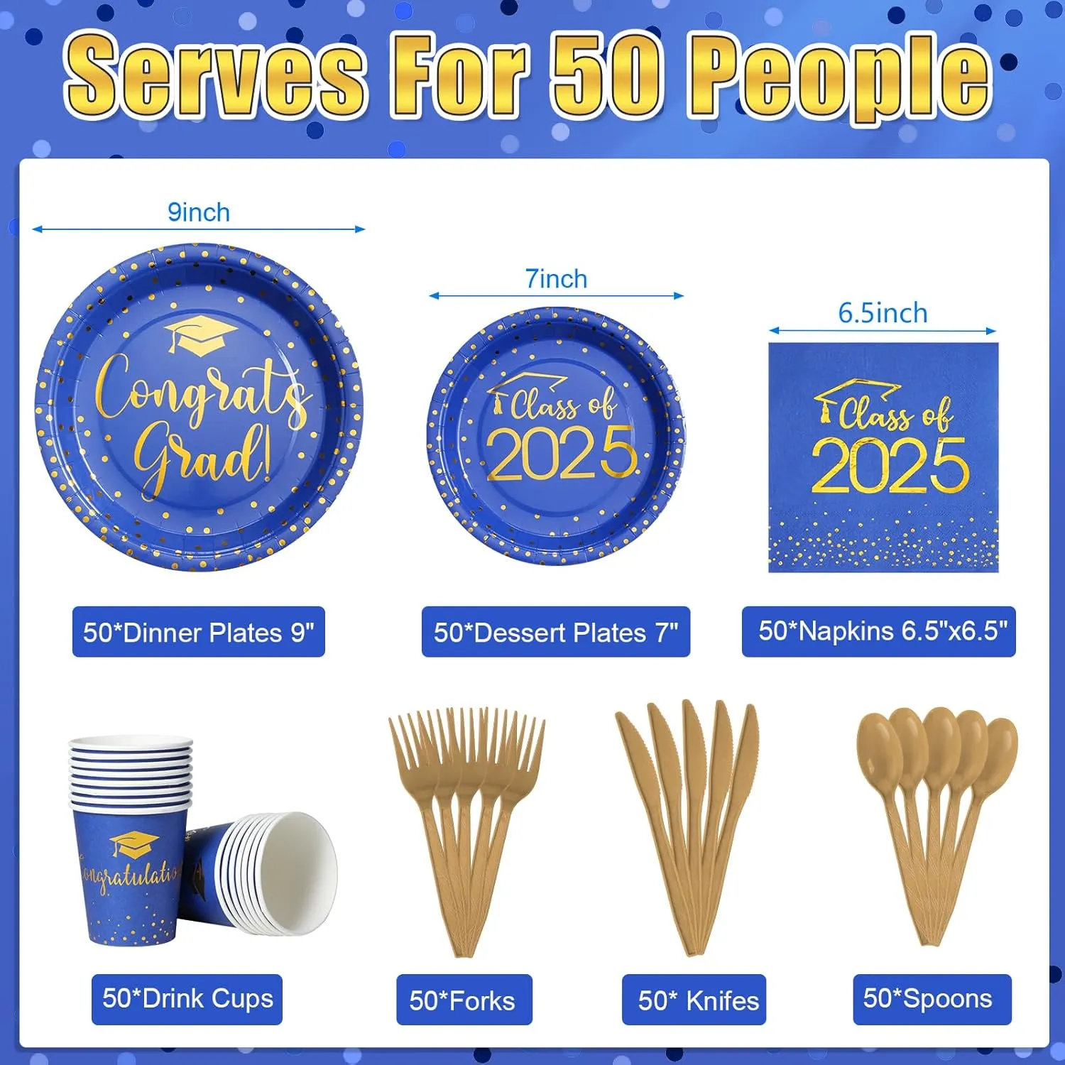 350pcs Class of 2025 Graduation Plates and Napkins Set, Disposable Paper Plate Set Polka Dots Napkins Cups Knife Fork Spoon for Graduation Party Decorations and Supplies,Serve 50 (Blue Gold)