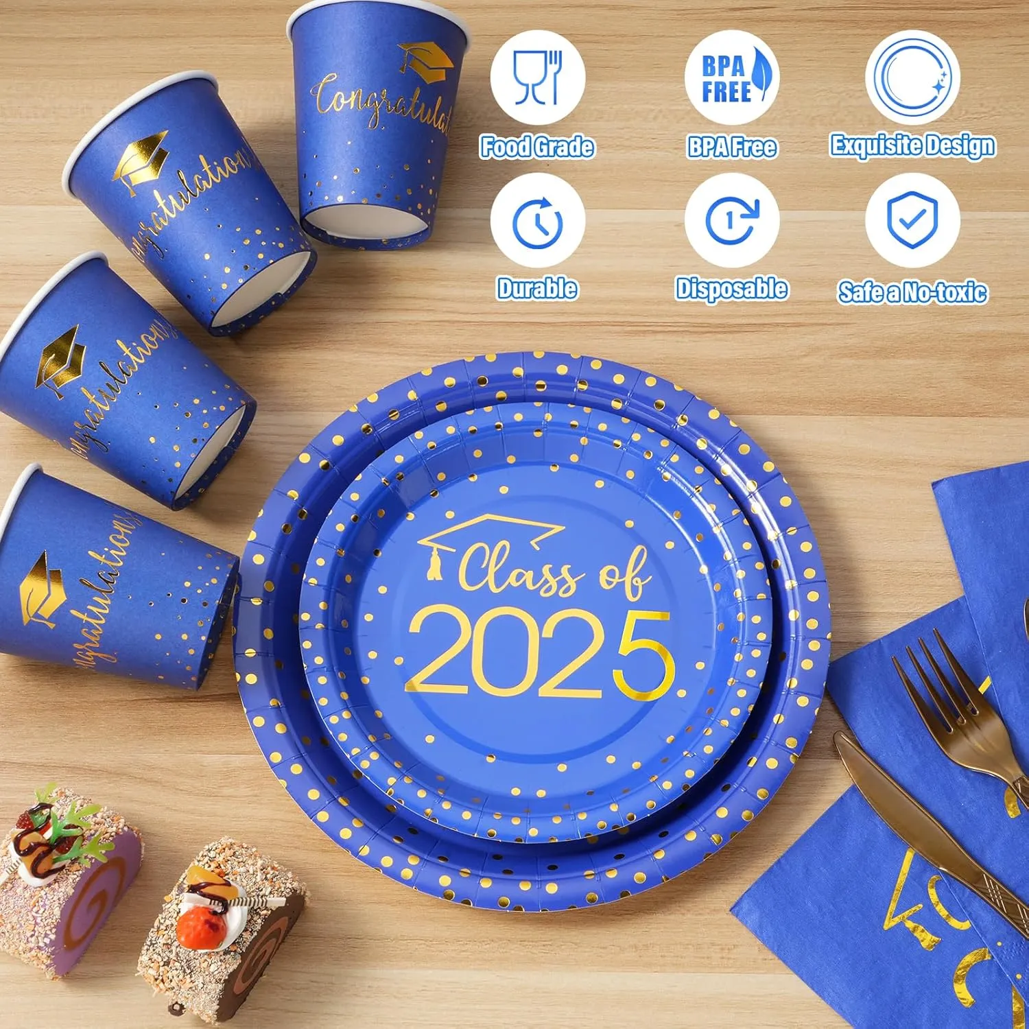 350pcs Class of 2025 Graduation Plates and Napkins Set, Disposable Paper Plate Set Polka Dots Napkins Cups Knife Fork Spoon for Graduation Party Decorations and Supplies,Serve 50 (Blue Gold)