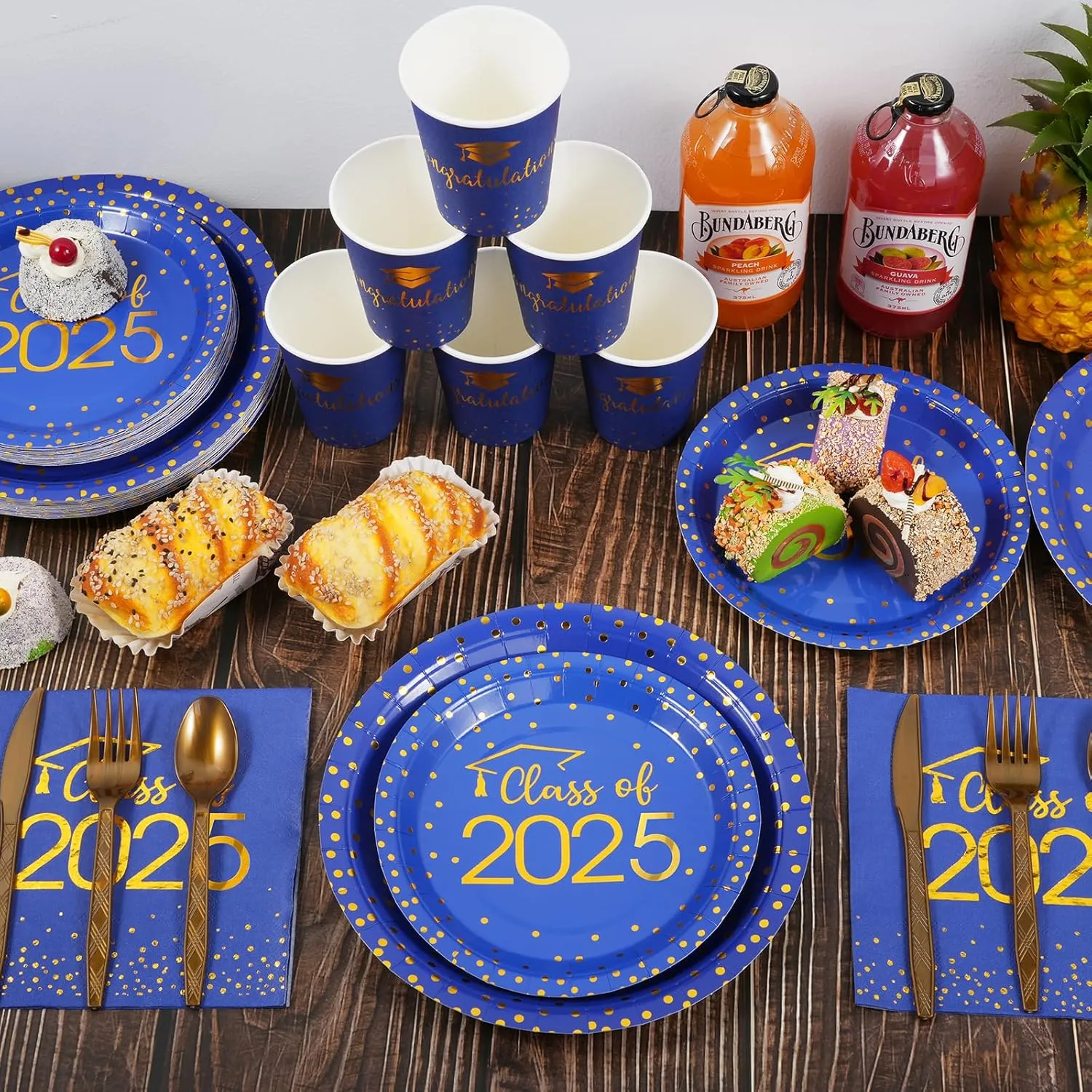 350pcs Class of 2025 Graduation Plates and Napkins Set, Disposable Paper Plate Set Polka Dots Napkins Cups Knife Fork Spoon for Graduation Party Decorations and Supplies,Serve 50 (Blue Gold)