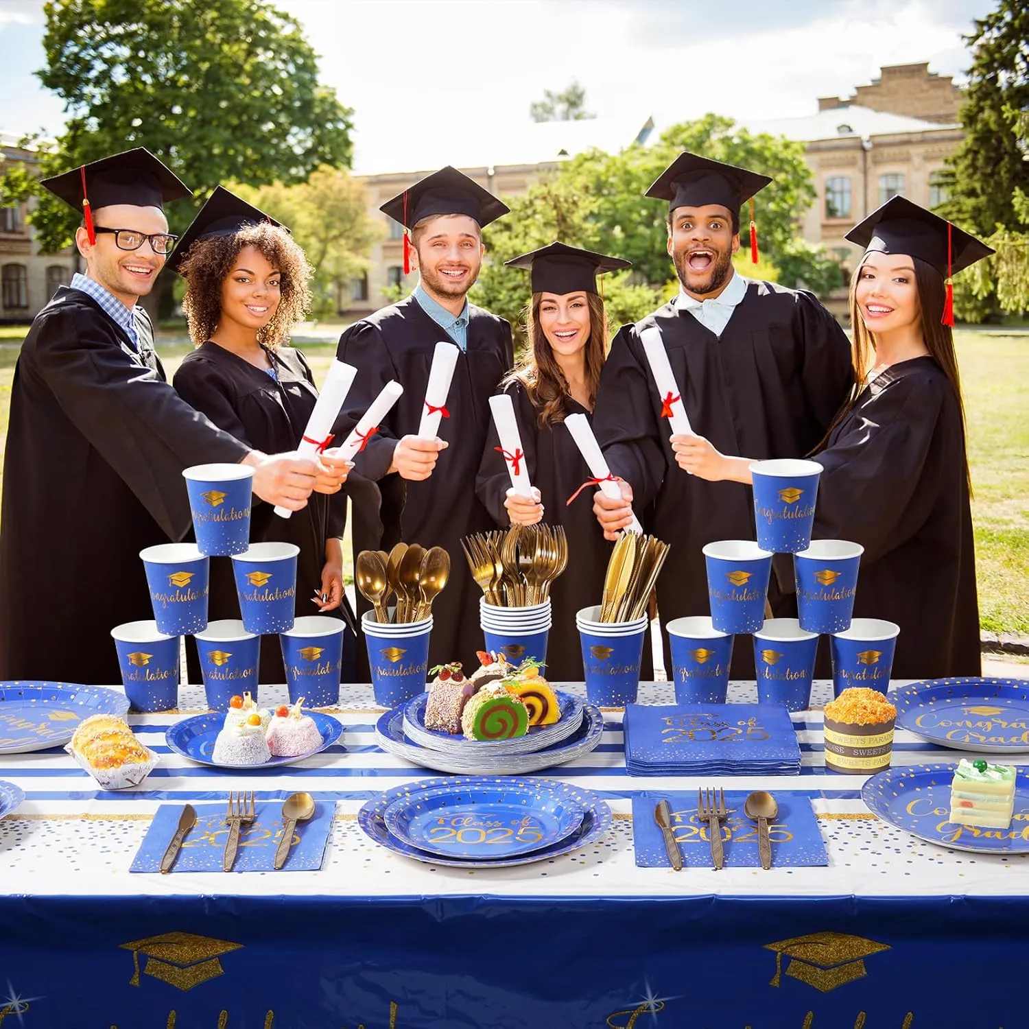 350pcs Class of 2025 Graduation Plates and Napkins Set, Disposable Paper Plate Set Polka Dots Napkins Cups Knife Fork Spoon for Graduation Party Decorations and Supplies,Serve 50 (Blue Gold)