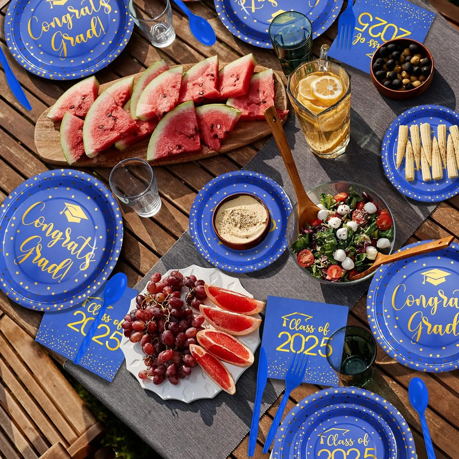 350pcs Class of 2025 Graduation Plates and Napkins Set, Disposable Paper Plate Set Polka Dots Napkins Cups Knife Fork Spoon for Graduation Party Decorations and Supplies,Serve 50 (Blue Gold)