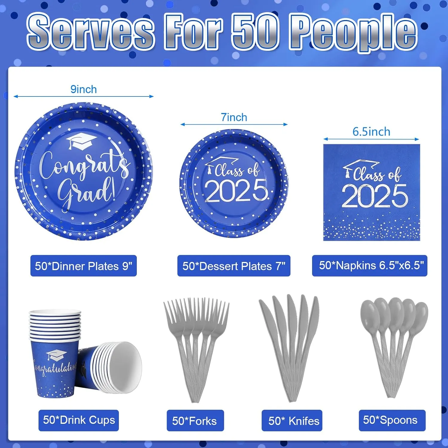 350pcs Class of 2025 Graduation Plates and Napkins Set, Disposable Paper Plate Set Polka Dots Napkins Cups Knife Fork Spoon for Graduation Party Decorations and Supplies,Serve 50 (Blue Silver)
