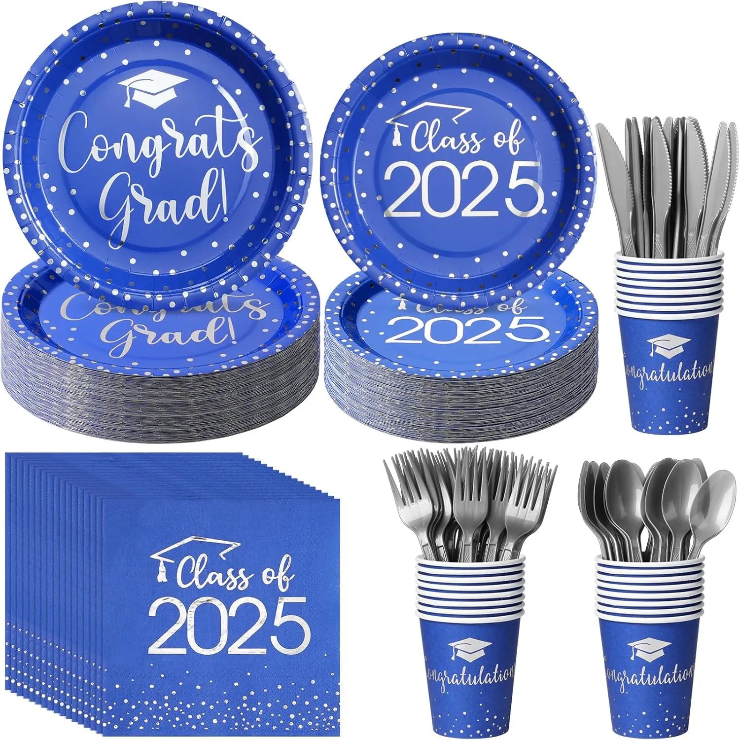 350pcs Class of 2025 Graduation Plates and Napkins Set, Disposable Paper Plate Set Polka Dots Napkins Cups Knife Fork Spoon for Graduation Party Decorations and Supplies,Serve 50 (Blue Silver)