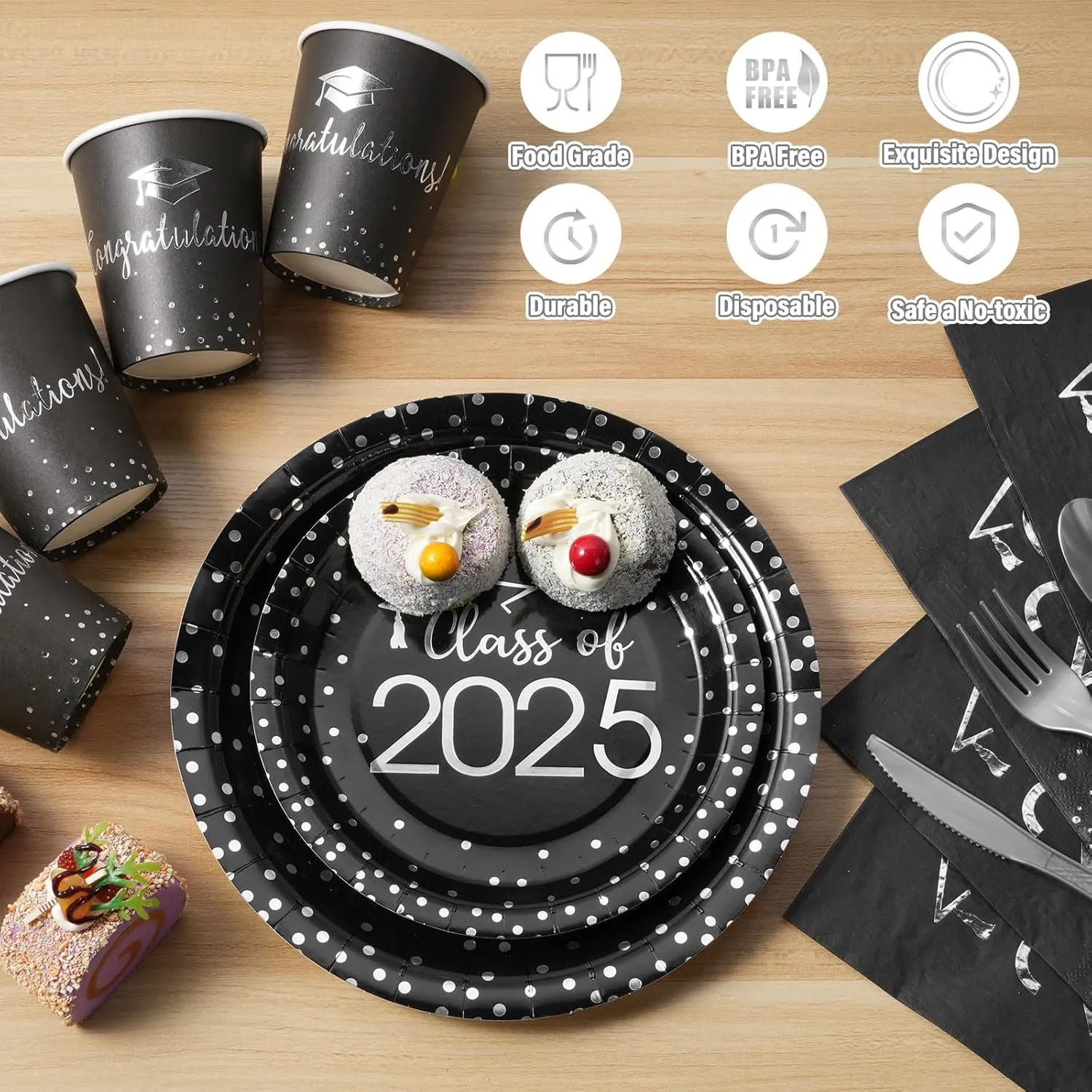 350pcs Class of 2025 Graduation Plates and Napkins Set, Disposable Paper Plate Set Polka Dots Napkins Cups Knife Fork Spoon for Graduation Party Decorations And Supplies,Serve 50(Black Silver)