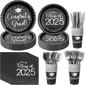 350pcs Class of 2025 Graduation Plates and Napkins Set, Disposable Paper Plate Set Polka Dots Napkins Cups Knife Fork Spoon for Graduation Party Decorations And Supplies,Serve 50(Black Silver)