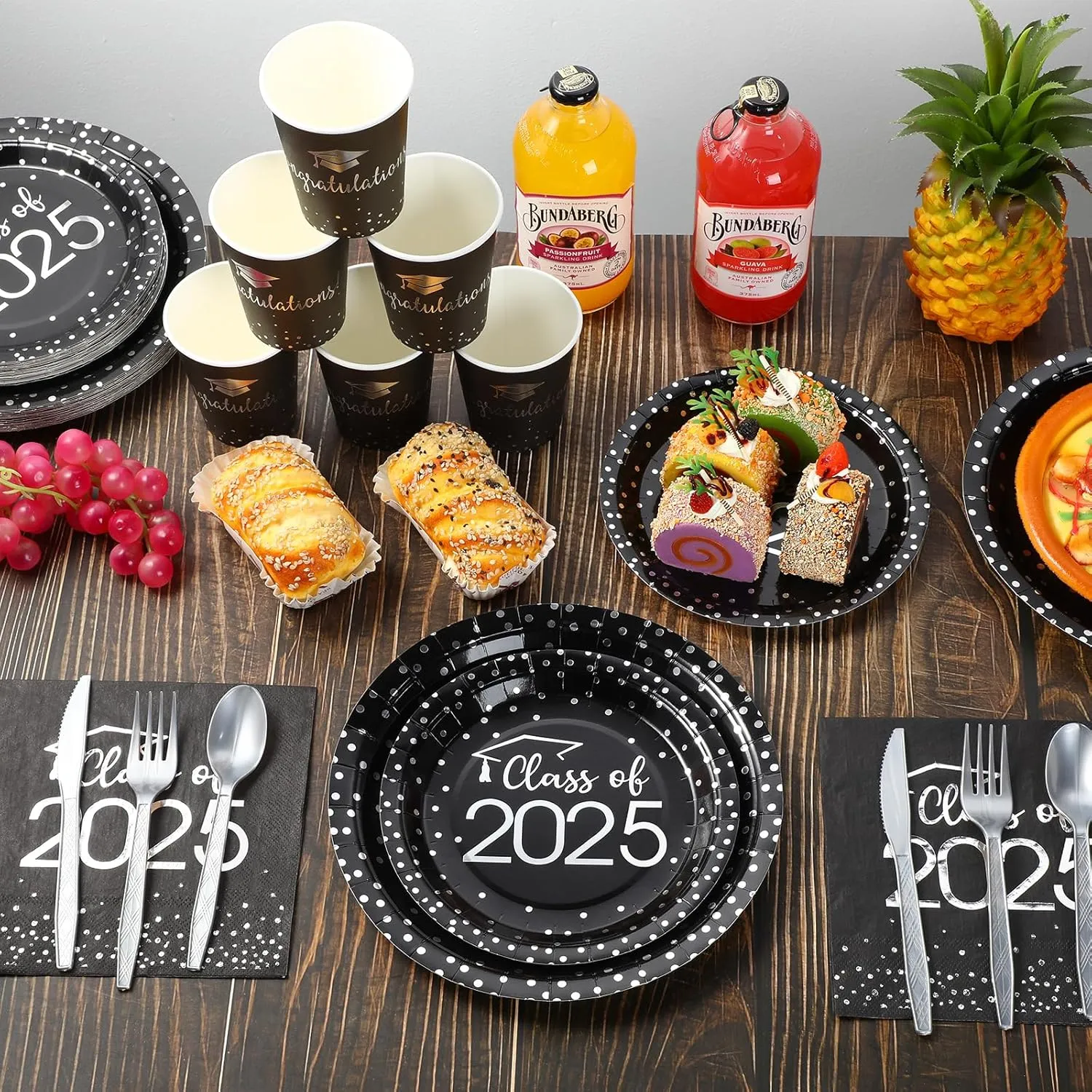 350pcs Class of 2025 Graduation Plates and Napkins Set, Disposable Paper Plate Set Polka Dots Napkins Cups Knife Fork Spoon for Graduation Party Decorations And Supplies,Serve 50(Black Silver)