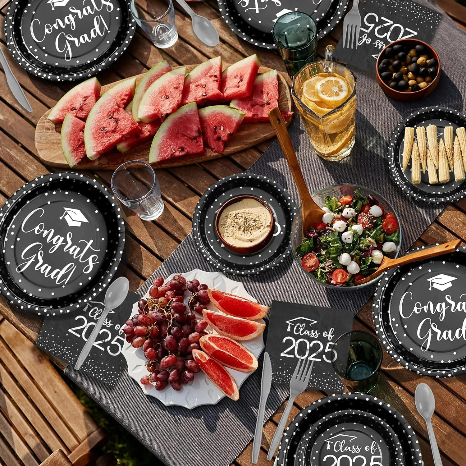 350pcs Class of 2025 Graduation Plates and Napkins Set, Disposable Paper Plate Set Polka Dots Napkins Cups Knife Fork Spoon for Graduation Party Decorations And Supplies,Serve 50(Black Silver)