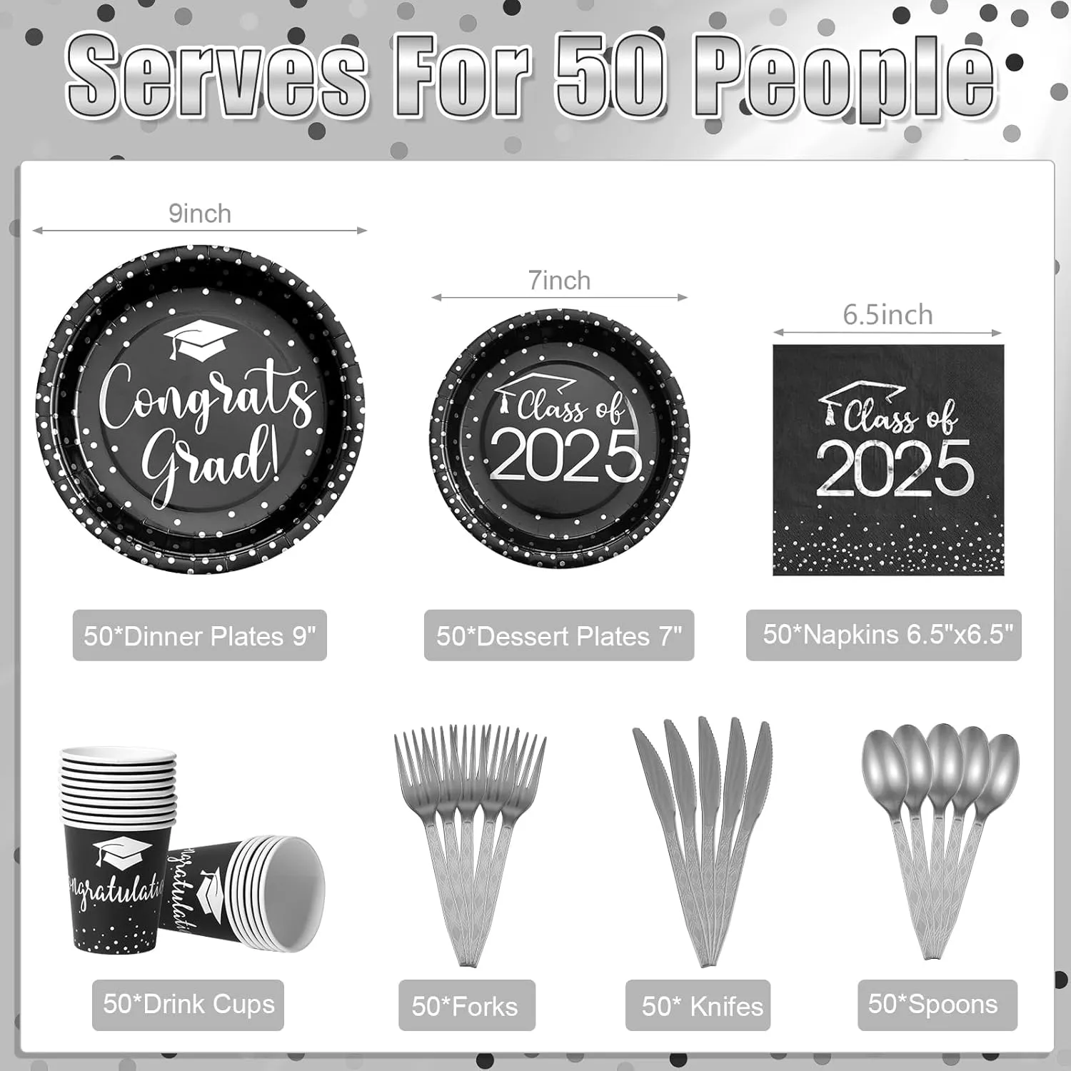 350pcs Class of 2025 Graduation Plates and Napkins Set, Disposable Paper Plate Set Polka Dots Napkins Cups Knife Fork Spoon for Graduation Party Decorations And Supplies,Serve 50(Black Silver)