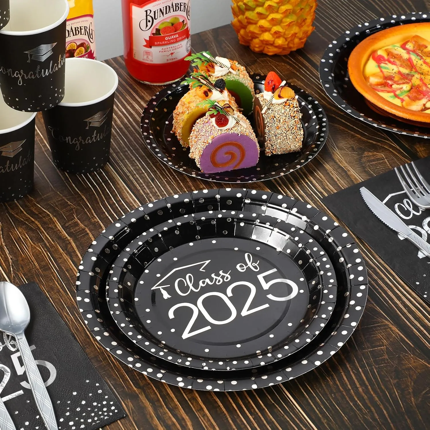 350pcs Class of 2025 Graduation Plates and Napkins Set, Disposable Paper Plate Set Polka Dots Napkins Cups Knife Fork Spoon for Graduation Party Decorations And Supplies,Serve 50(Black Silver)