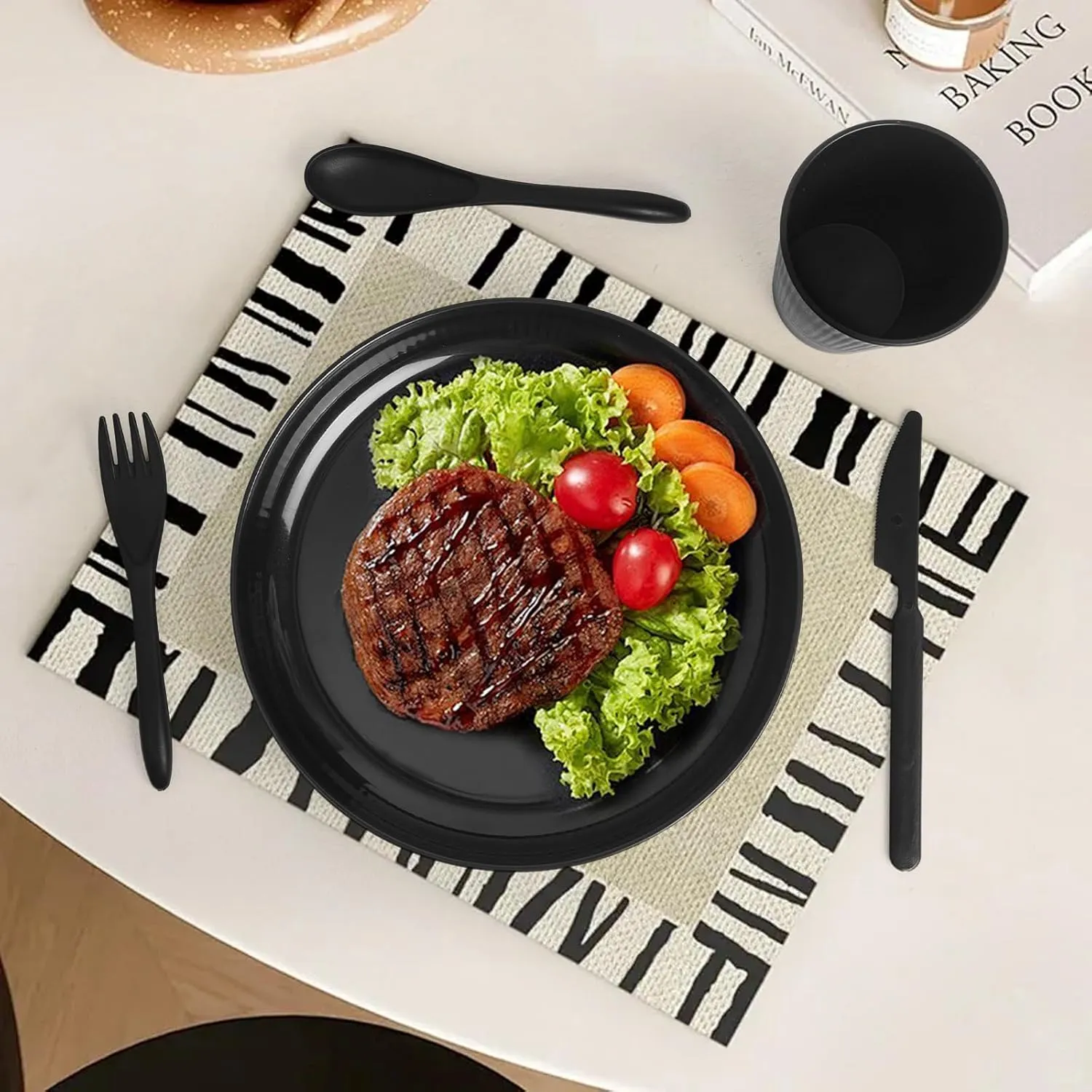 36 pcs Wheat Straw Dinnerware Sets, DAPIPIK Unbreakable Reusable Dinnerware Set, Kitchen Cups Plates and Bowls Sets Dishwasher Microwave Safe Plates (Black)
