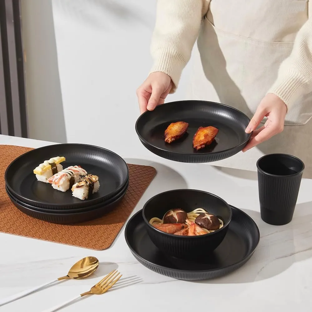 36 pcs Wheat Straw Dinnerware Sets, DAPIPIK Unbreakable Reusable Dinnerware Set, Kitchen Cups Plates and Bowls Sets Dishwasher Microwave Safe Plates (Black)