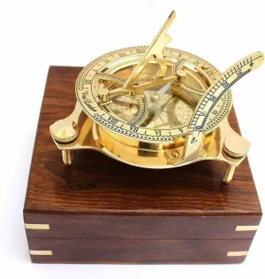 3" Nautical Brass Pocket Sundial Compass Navigational Tool Antique Compass with Wooden Box Collectible Gift Item for Camping & Hiking Use