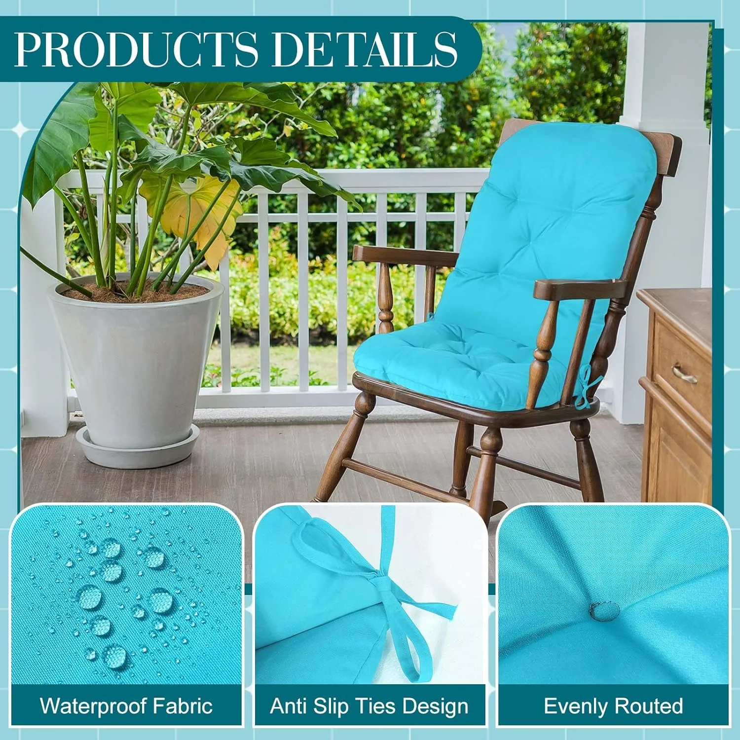 4 Set Outdoor High Back Chair Cushions 47 x 20 Inch Rocking Chair Cushions Waterproof Fade Resistant Comfort Replacement Seat Pads with Ties for Patio Lawn Yard Porch Home Office(Lake Blue)