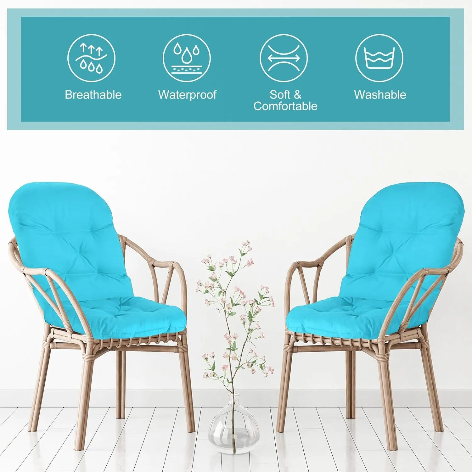 4 Set Outdoor High Back Chair Cushions 47 x 20 Inch Rocking Chair Cushions Waterproof Fade Resistant Comfort Replacement Seat Pads with Ties for Patio Lawn Yard Porch Home Office(Lake Blue)