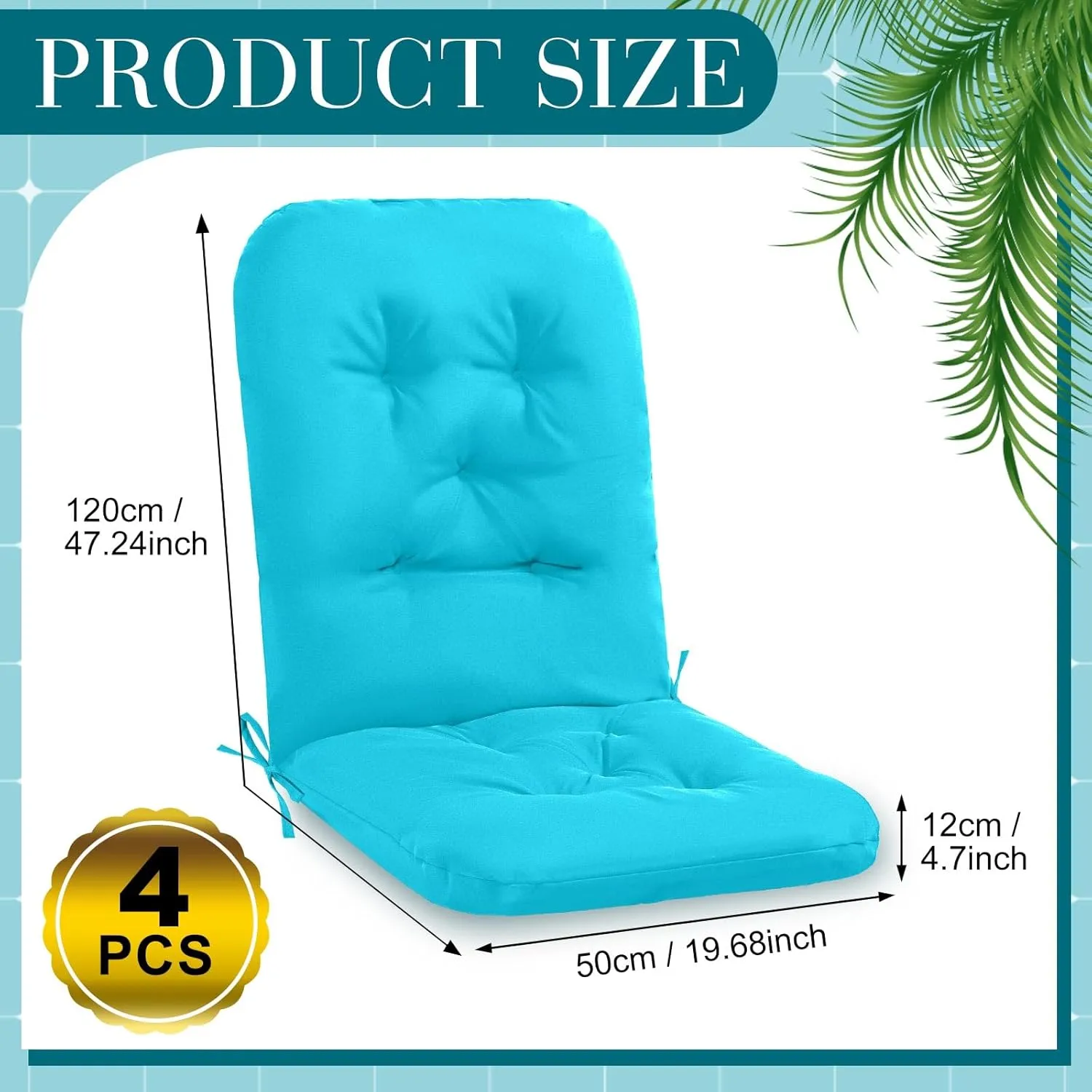 4 Set Outdoor High Back Chair Cushions 47 x 20 Inch Rocking Chair Cushions Waterproof Fade Resistant Comfort Replacement Seat Pads with Ties for Patio Lawn Yard Porch Home Office(Lake Blue)