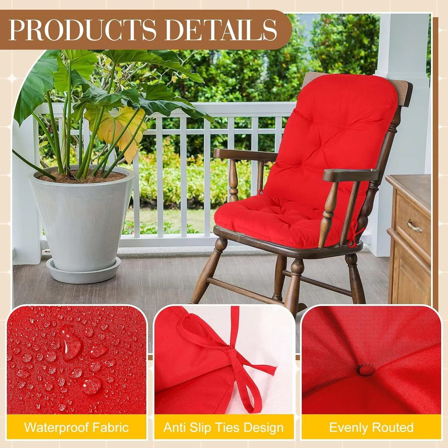 4 Set Outdoor High Back Chair Cushions 47 x 20 Inch Rocking Chair Cushions Waterproof Fade Resistant Comfort Replacement Seat Pads with Ties for Patio Lawn Yard Porch Home Office(Red)